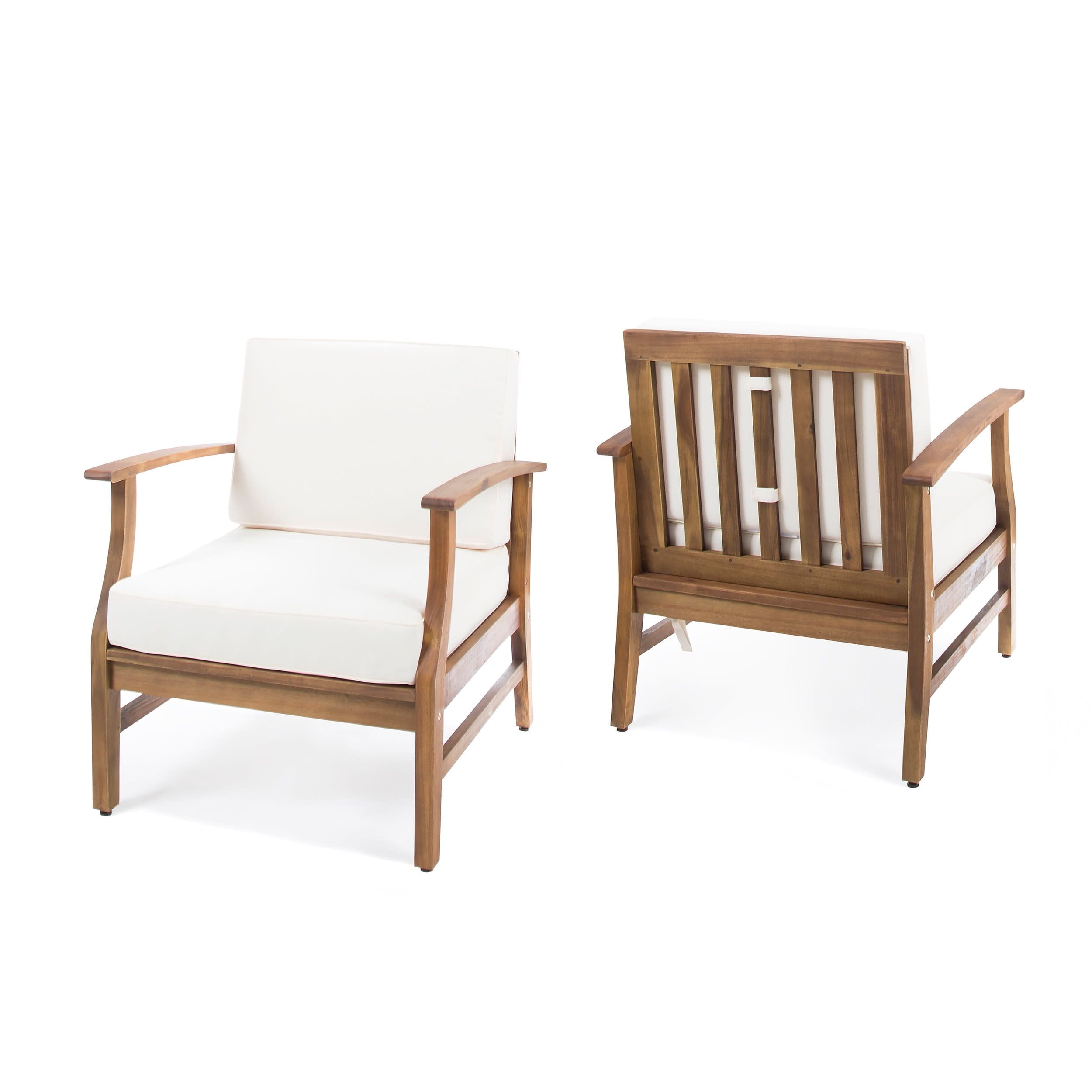 Teak and Cream Acacia Wood Outdoor Club Chairs with Cushions, Set of 2