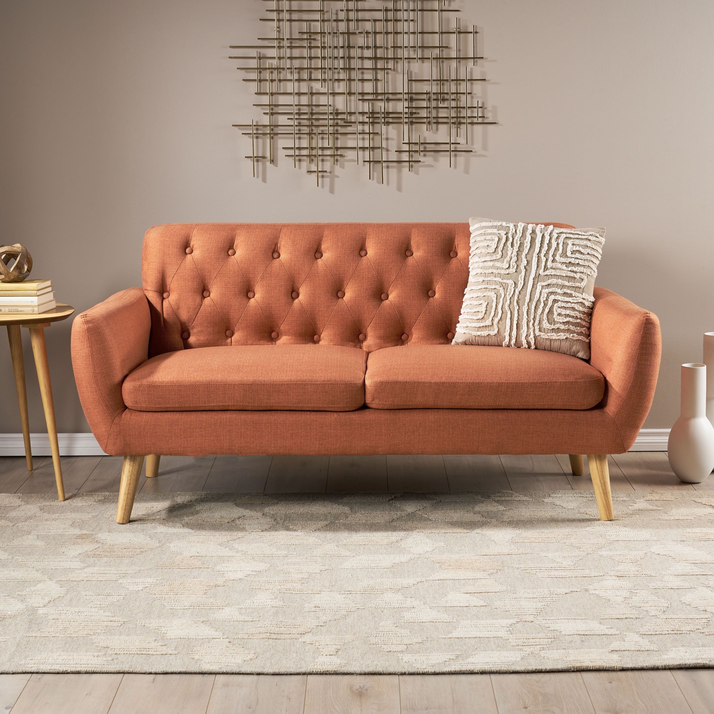 Petite Mid-Century Tufted Fabric Loveseat in Burnt Orange