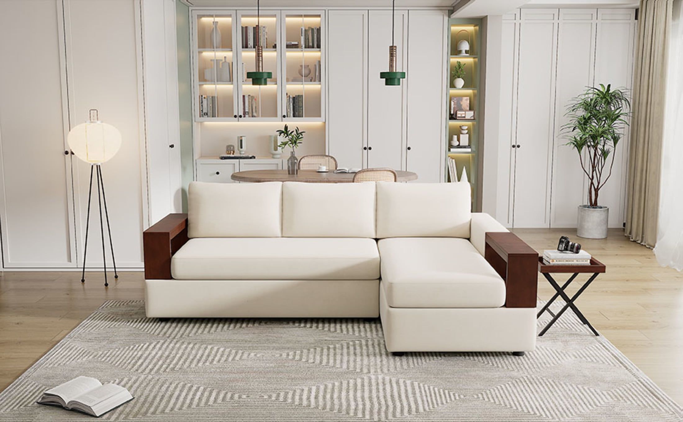 Beige Chenille Upholstered Sectional Sofa with Wood Storage Armrests