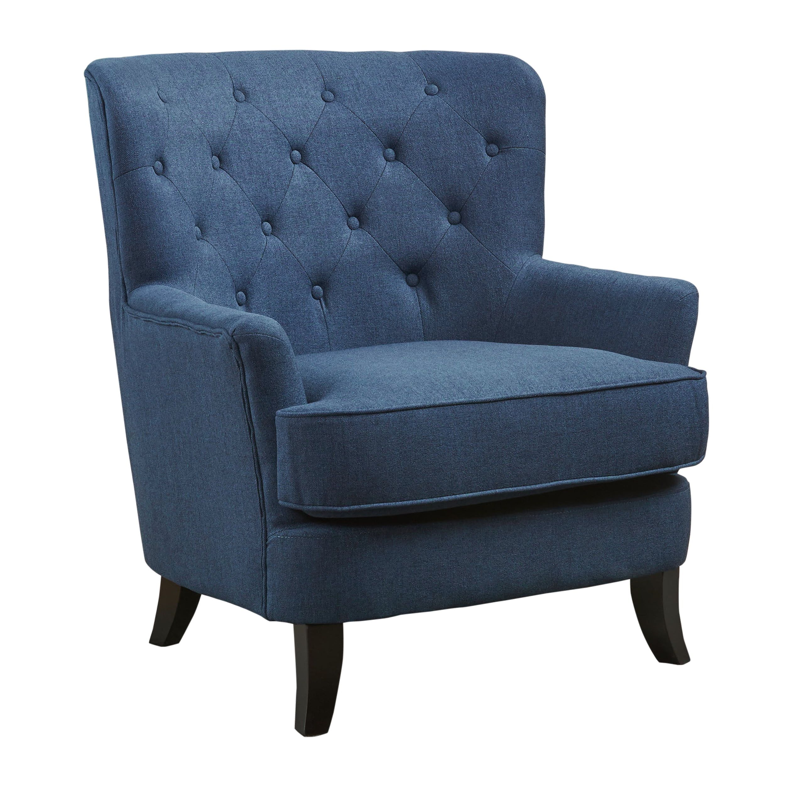 Annella Navy Blue Tufted Fabric Club Chair with Curved Birch Legs