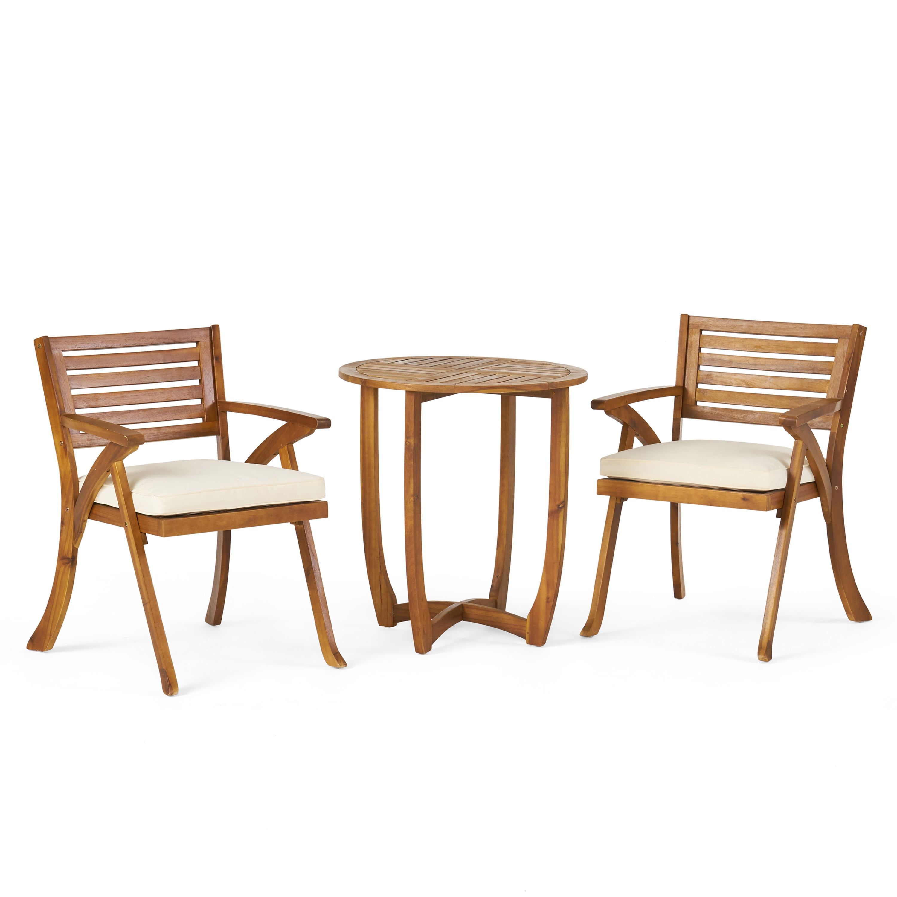 Teak and Cream Acacia Wood 3-Piece Outdoor Bistro Set