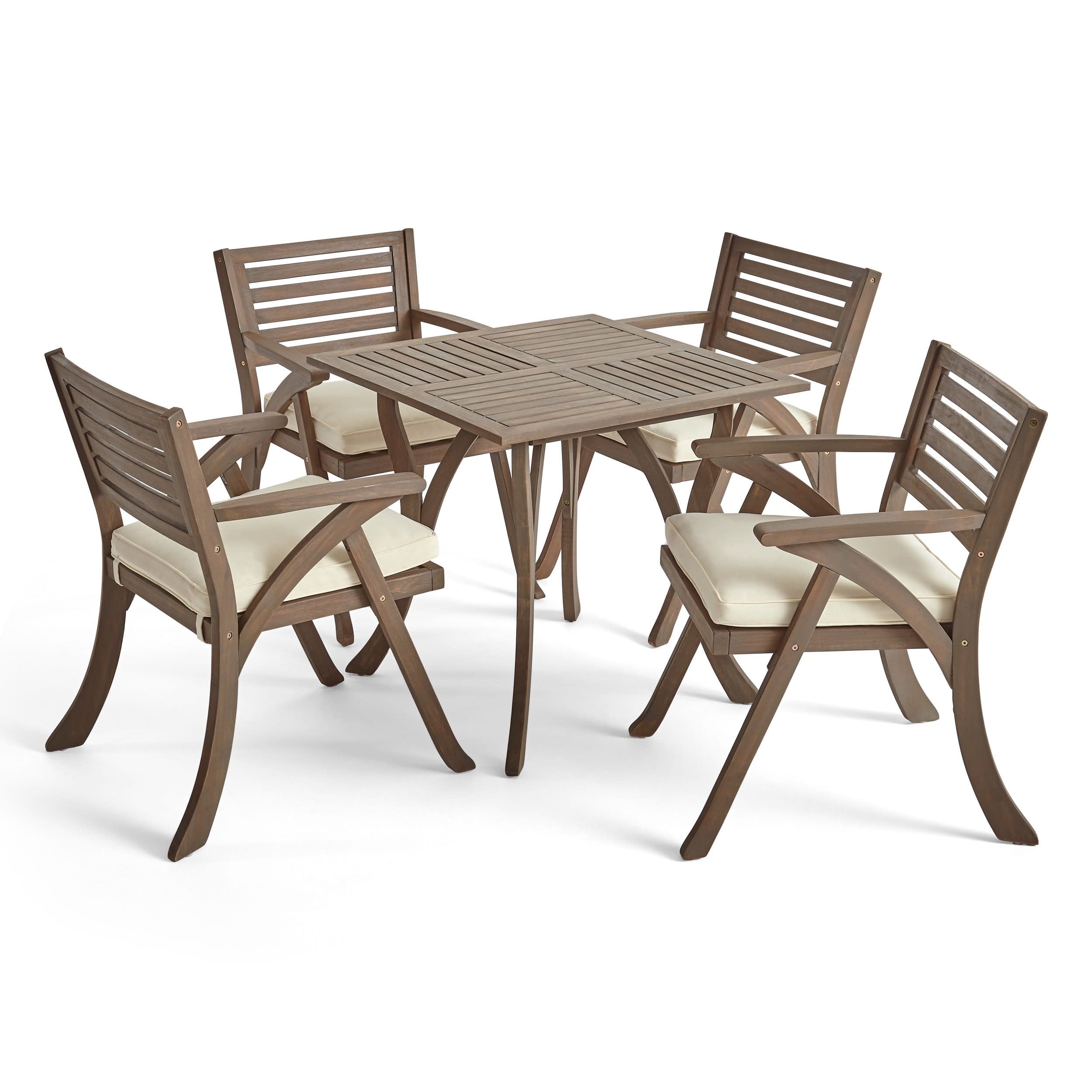 Gray and Cream Acacia Wood Outdoor Dining Set with Cushions