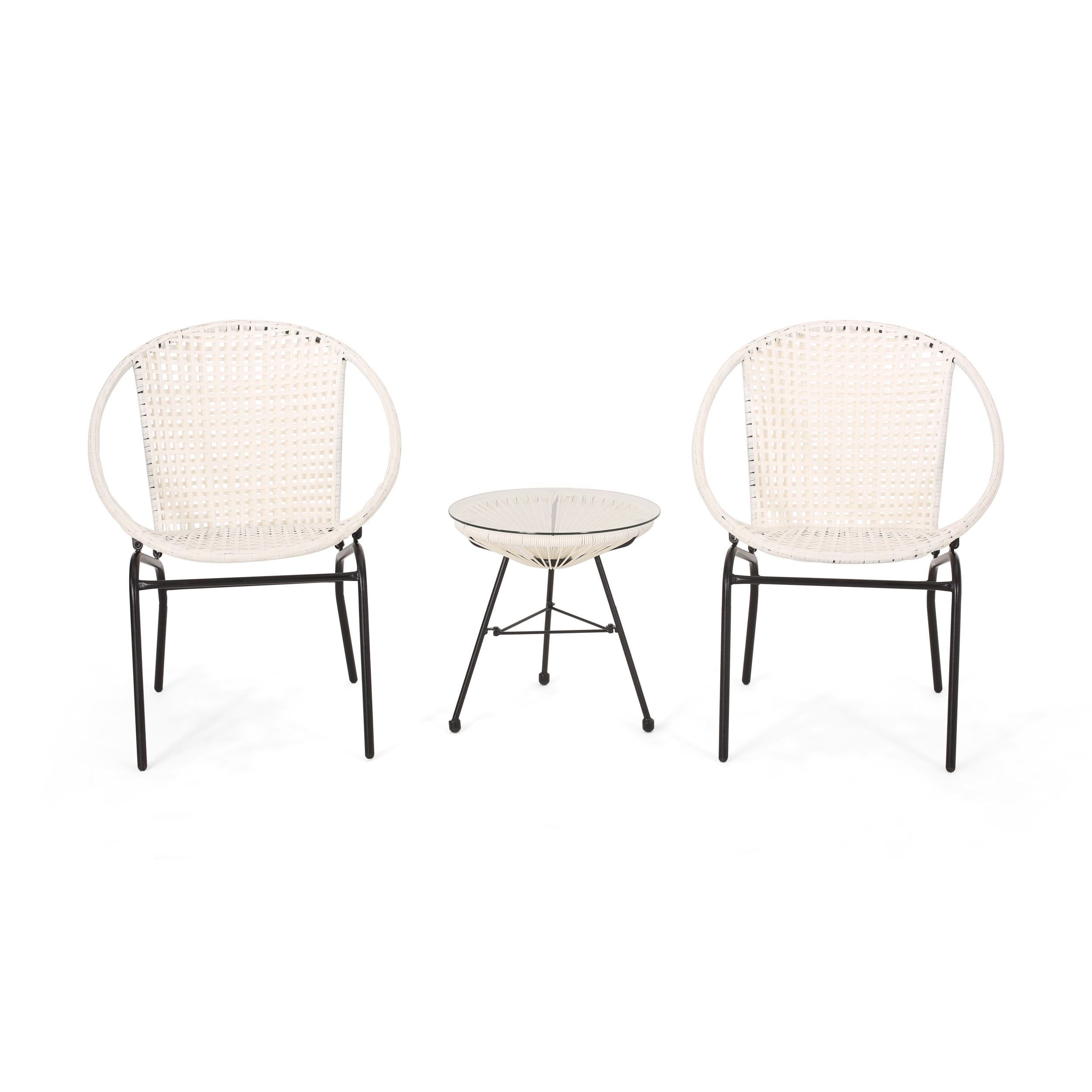 Modern White and Black Faux Rattan Chat Set with Glass Table