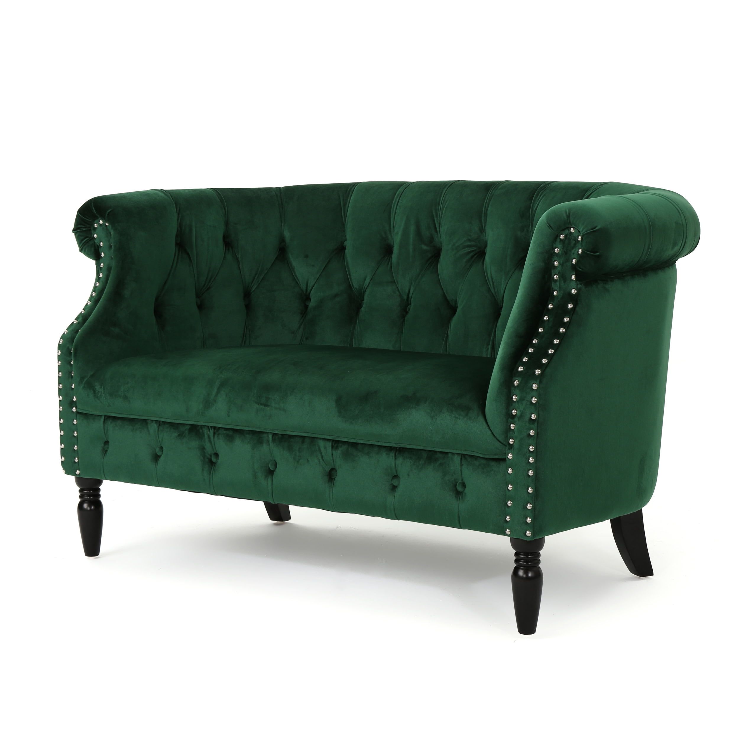 Emerald Velvet Chesterfield Loveseat with Nailhead Accents