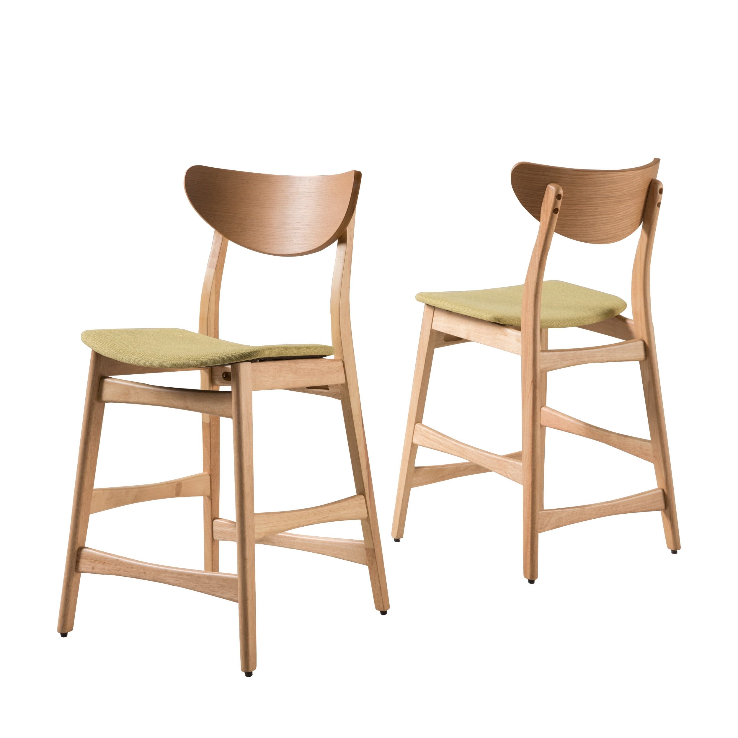 Green Tea Upholstered Oak Wood Counter Stools, Set of 2