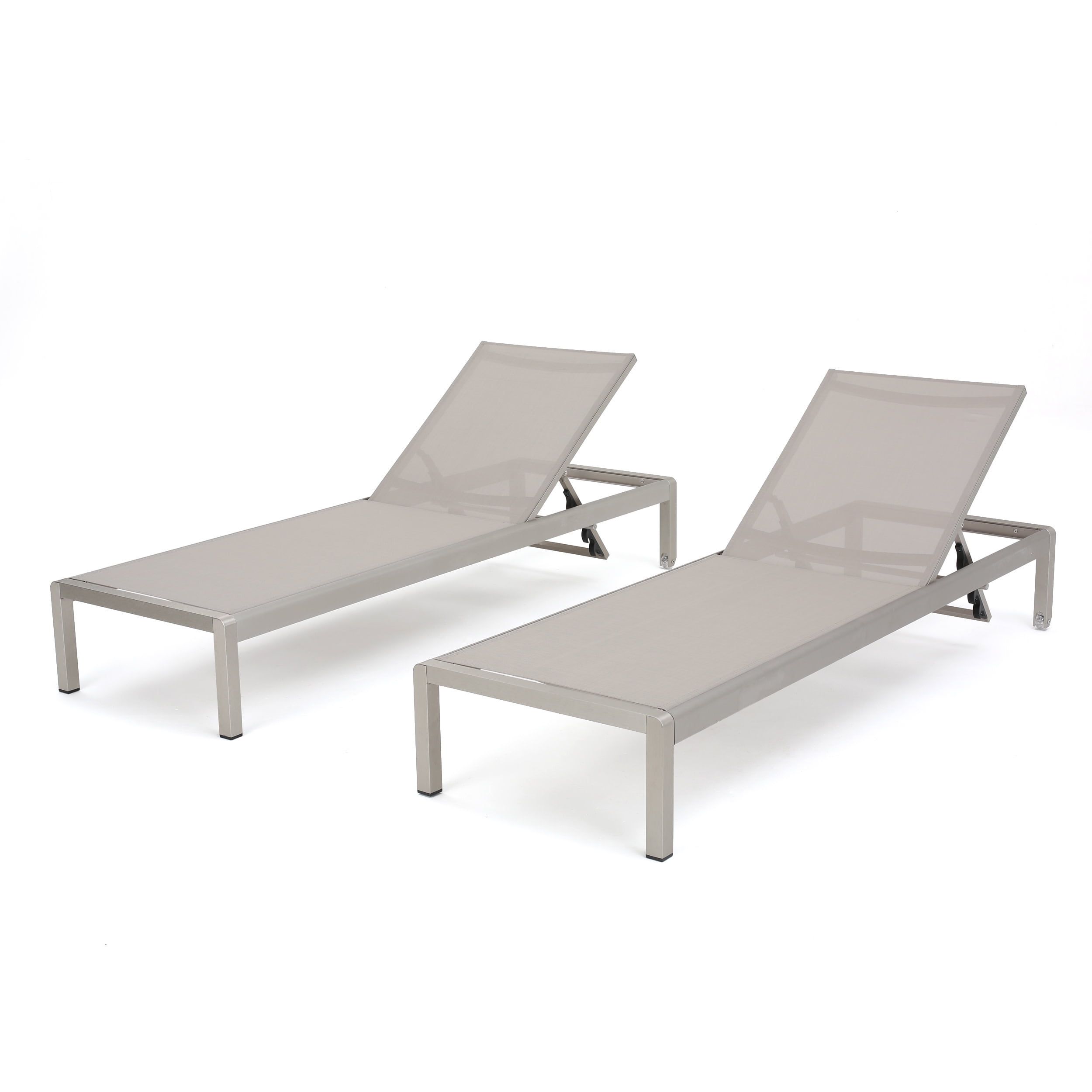 Gray and Silver Adjustable Aluminum Mesh Outdoor Chaise Lounges, Set of 2