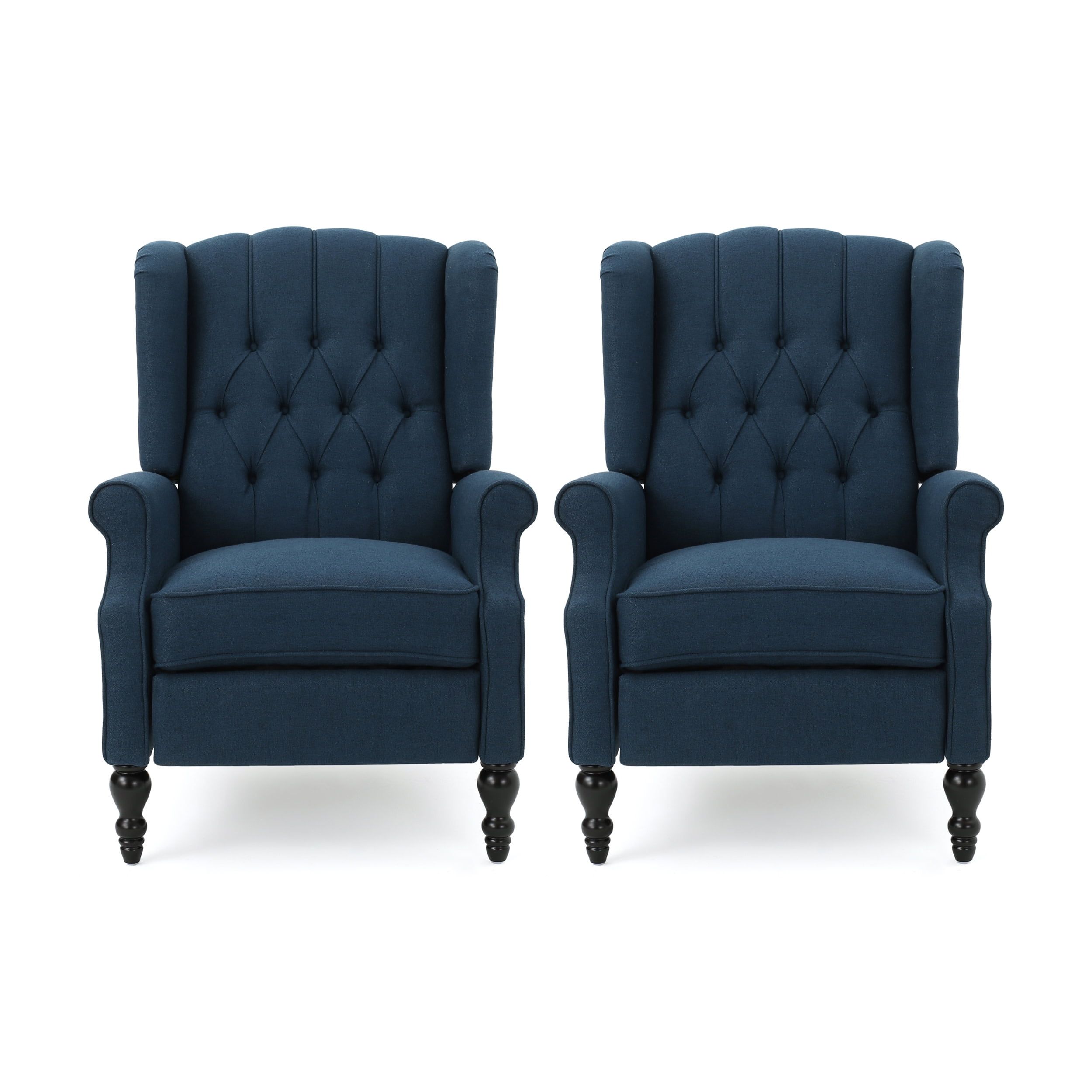 Navy Blue Handcrafted Wingback Pushback Recliner with Wooden Accents