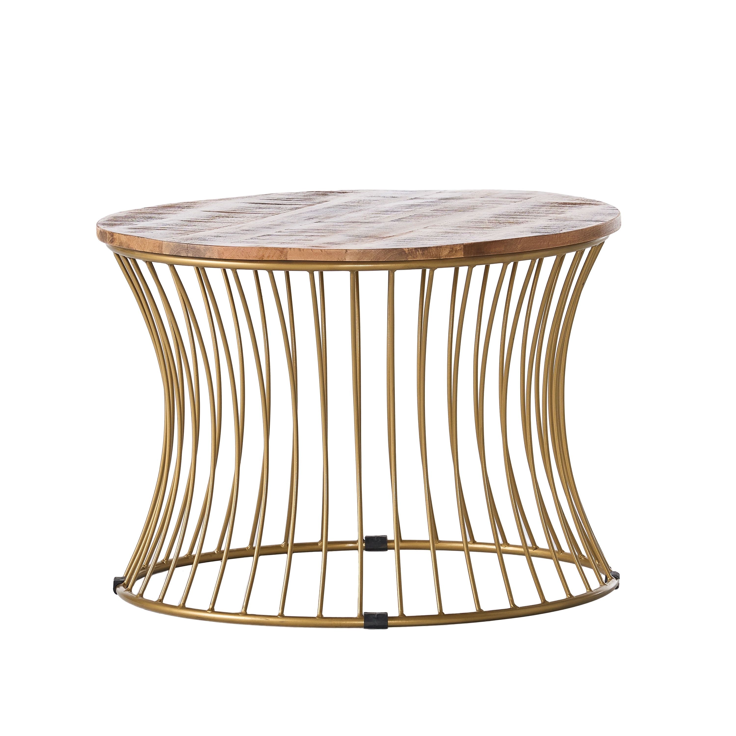 Natural Mango Wood and Gold Round Coffee Table with Storage