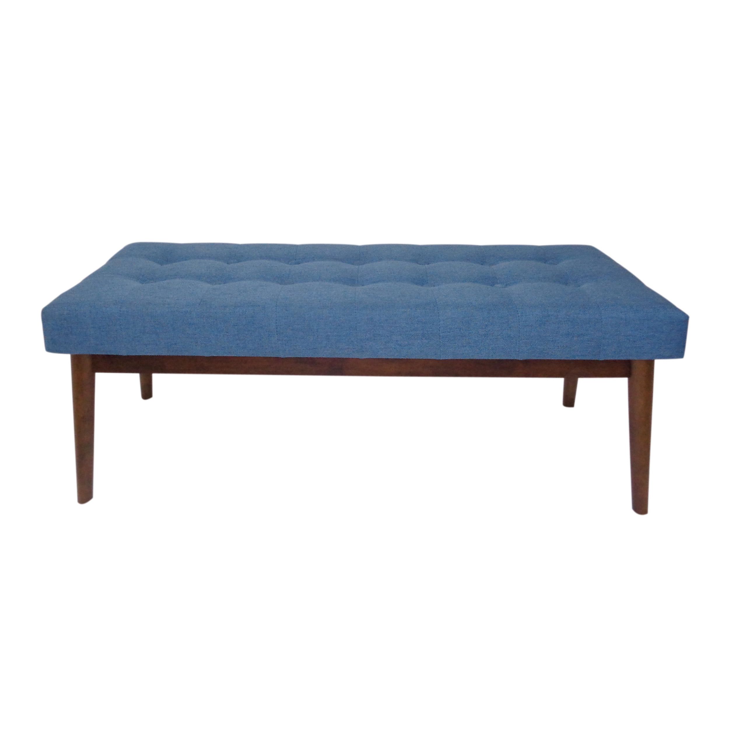 Flora Mid-Century Tufted Blue Fabric Ottoman Bench with Walnut Legs