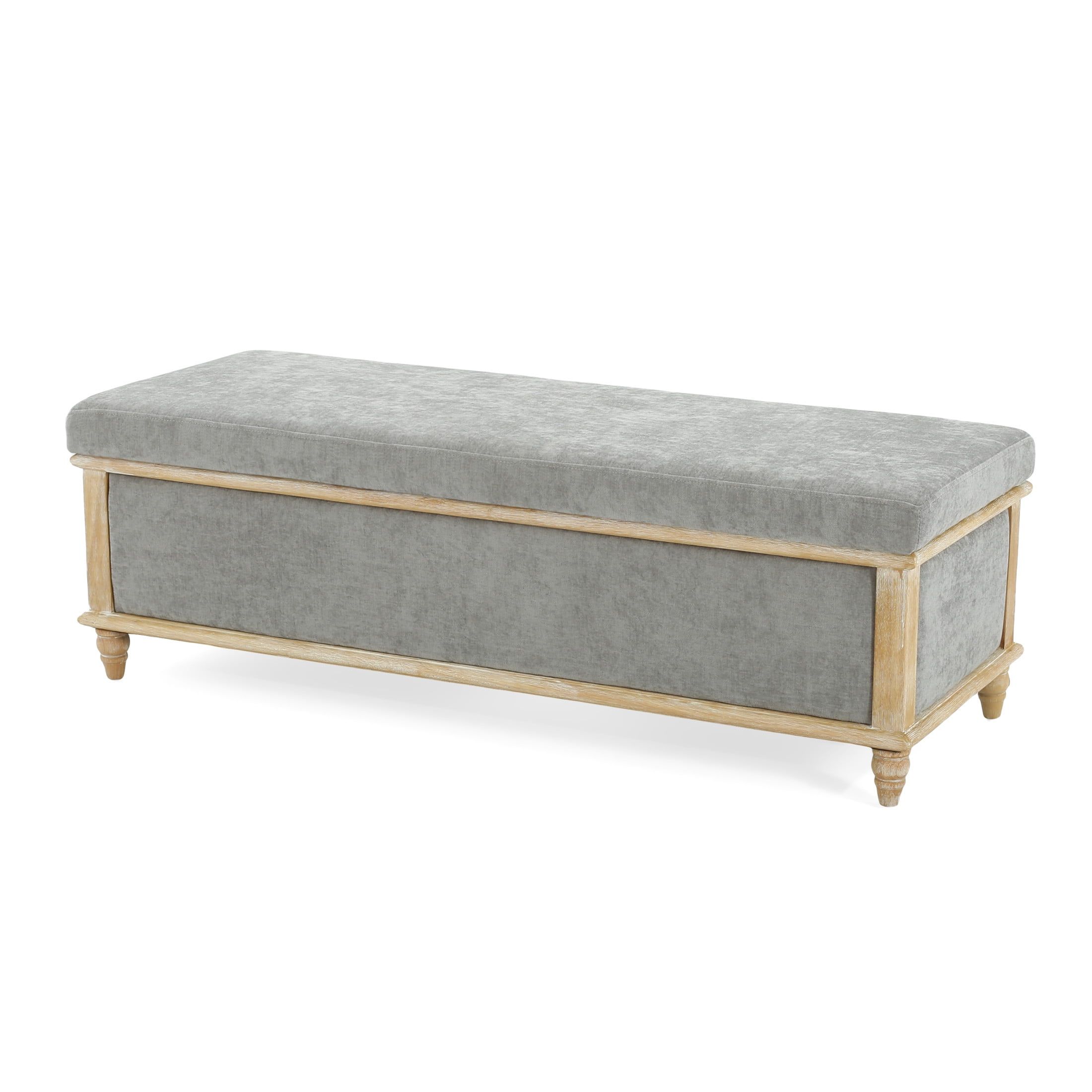 Gray Fabric Storage Ottoman Bench with Weathered Wood Frame