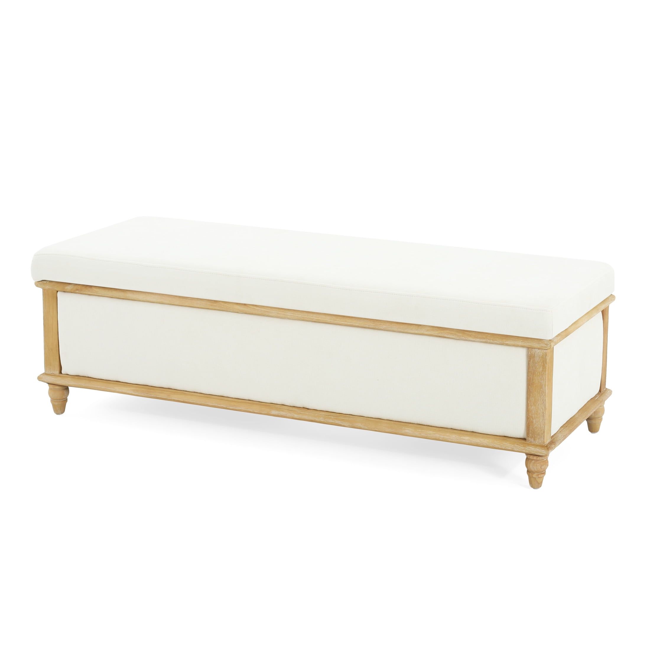 White Fabric Storage Ottoman Bench with Weathered Wood Frame