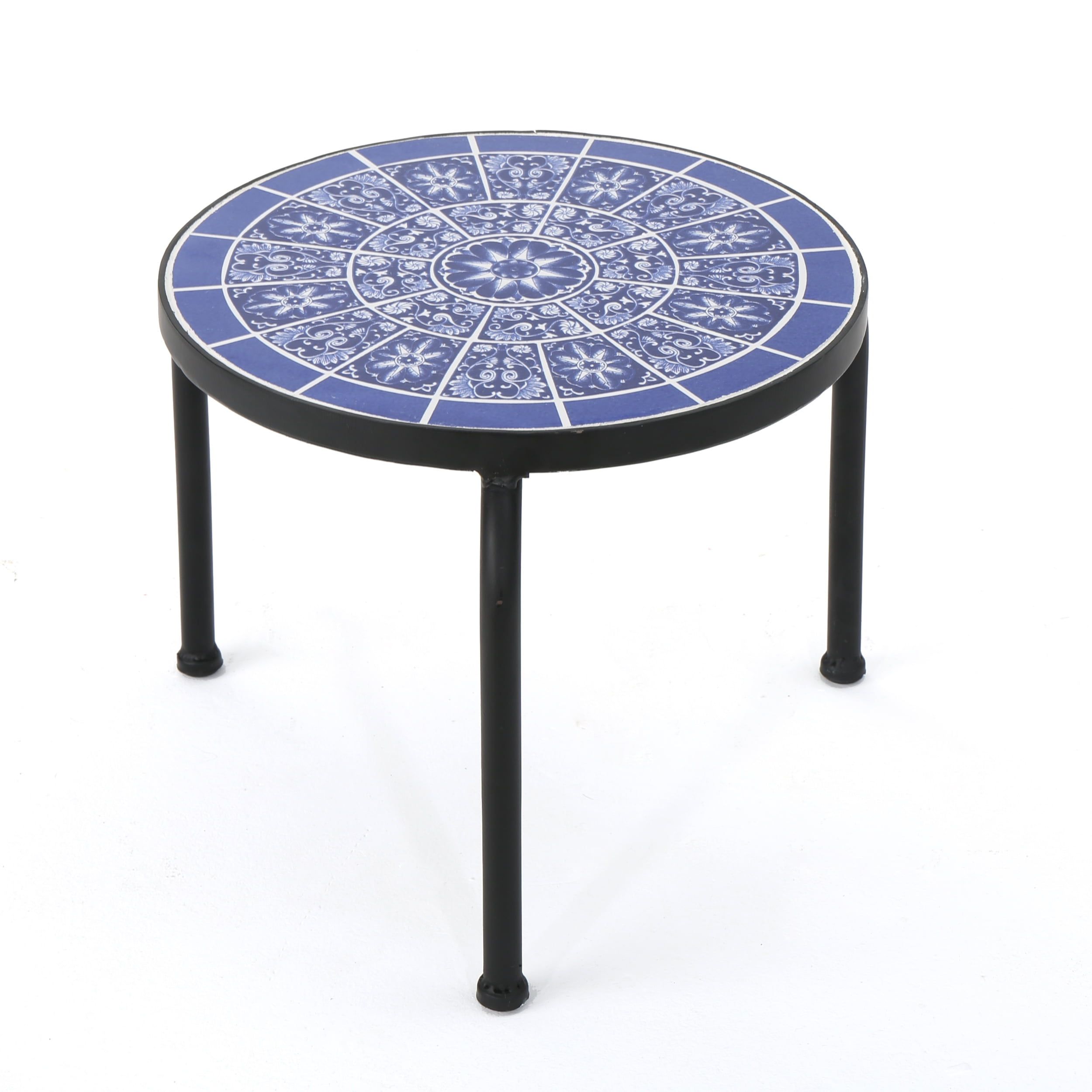 Soleil Blue & White Ceramic Tile Iron Outdoor Side Table