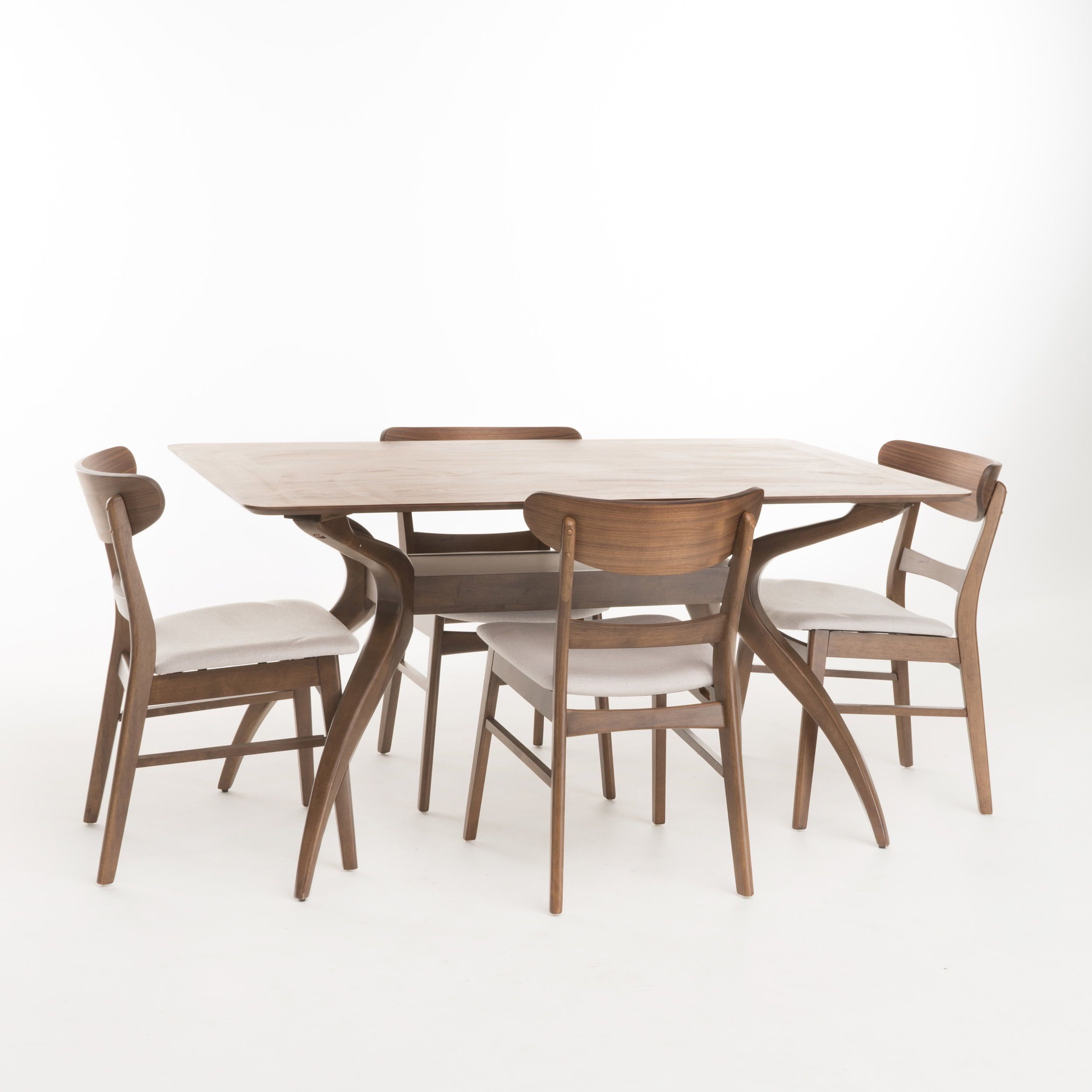 Light Beige and Walnut Mid-Century Modern 5 Piece Dining Set