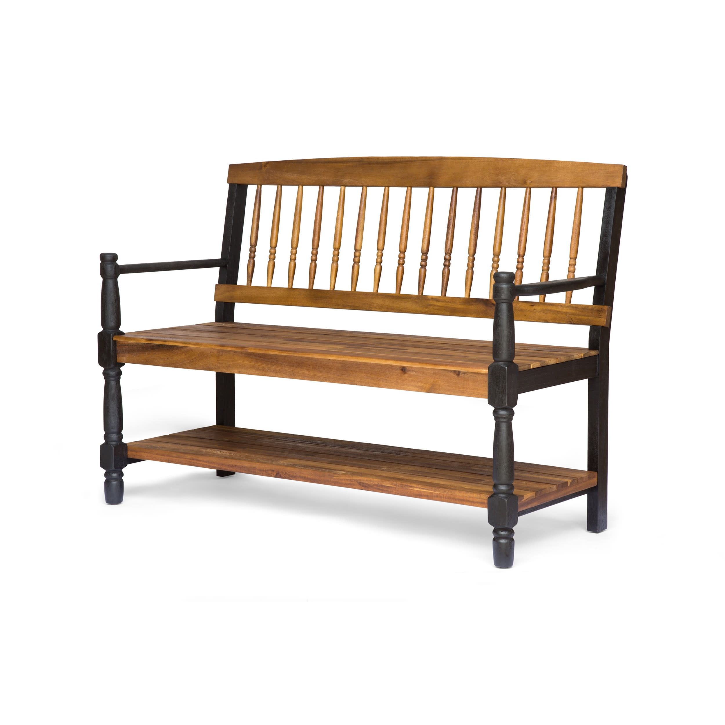 Teak and Black Acacia Wood Bench with Shelf, 51"