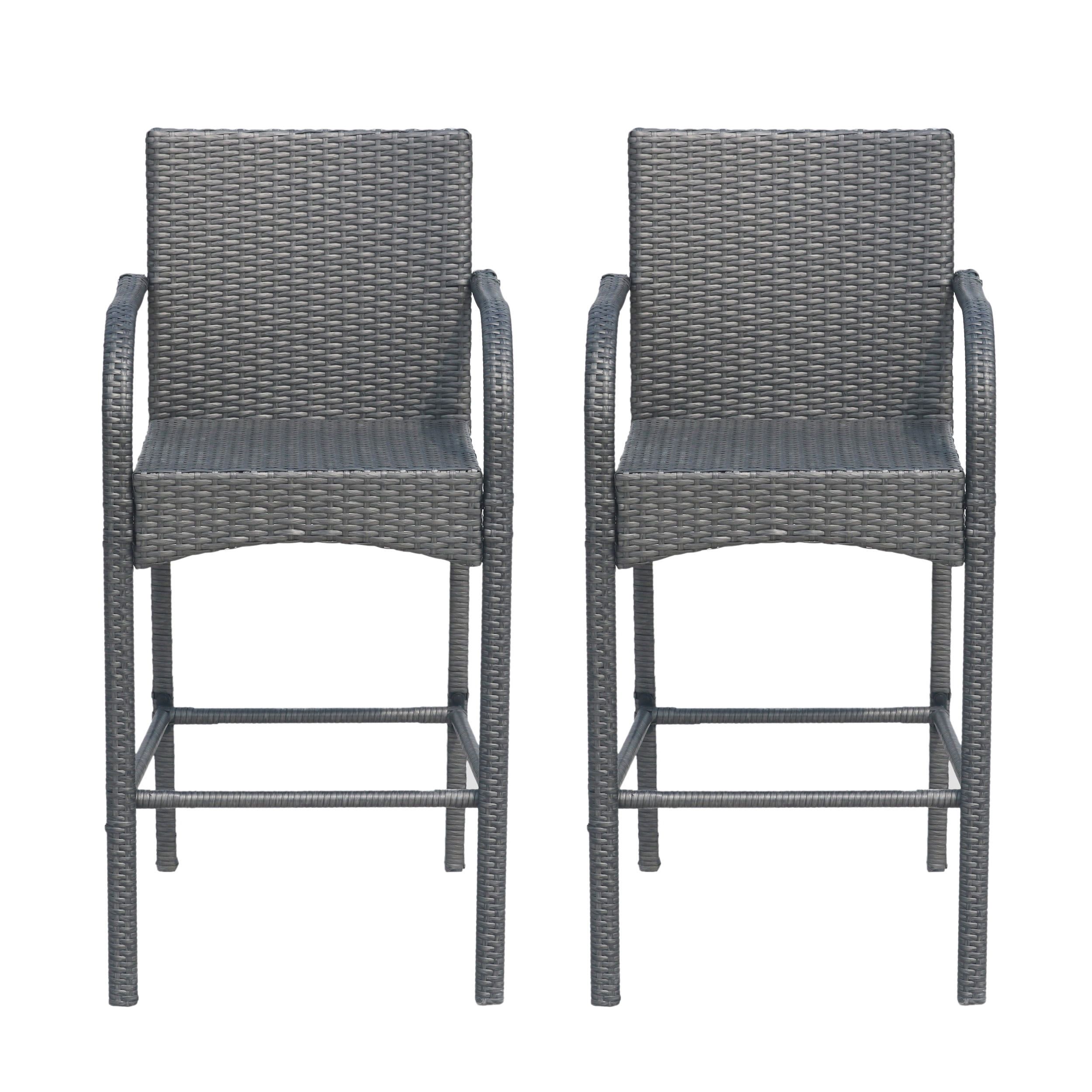 Sleek Grey Iron and Wicker 30" Outdoor Barstool Set