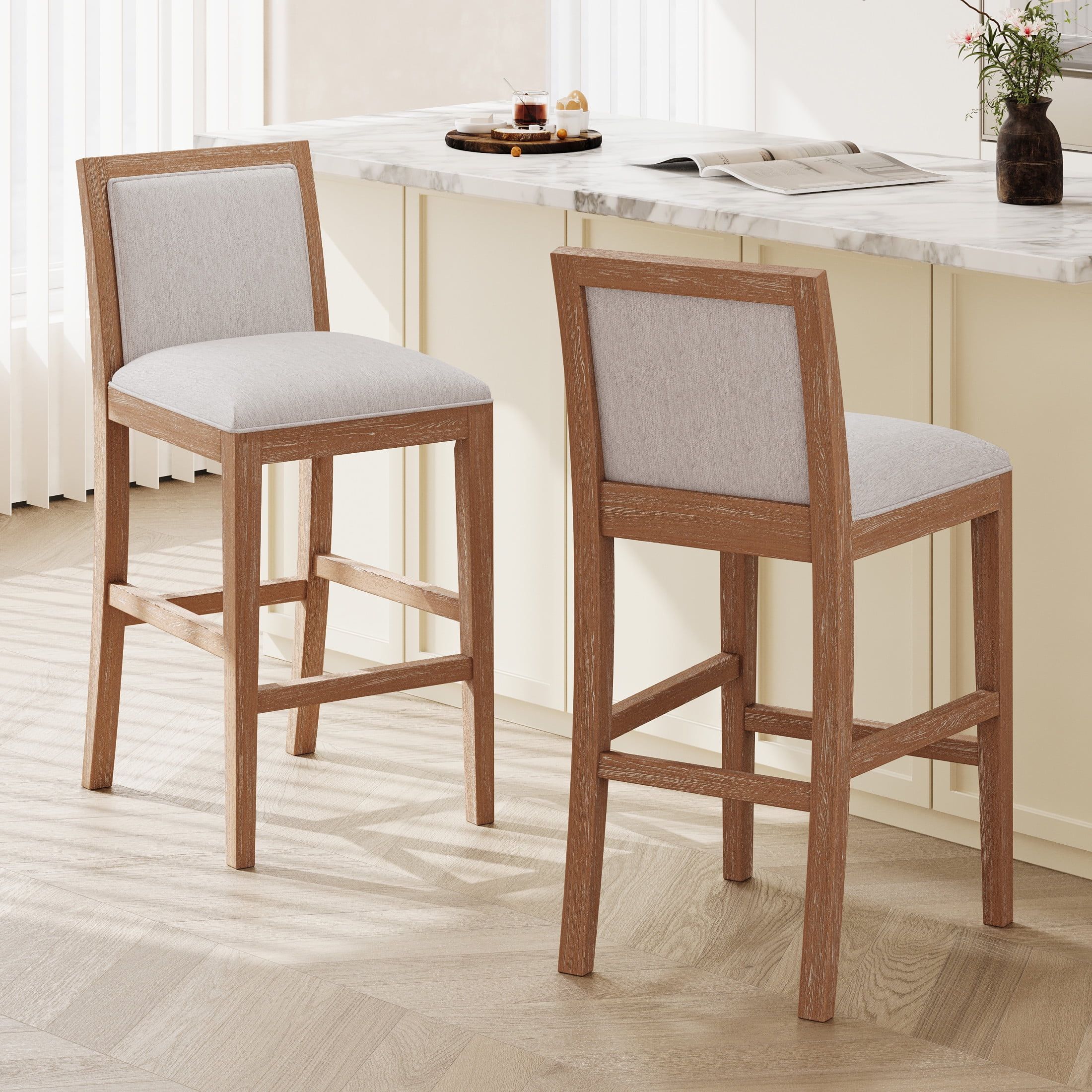 Modern Beige Fabric Counter Stools with Rubberwood Frame, Set of 2