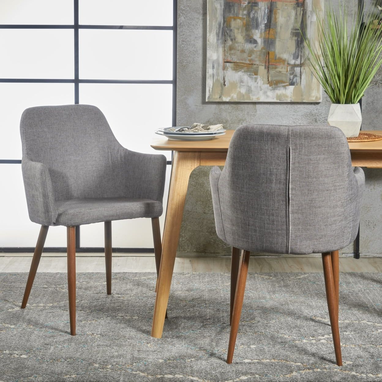 Light Gray Mid-Century Modern Fabric Dining Chair with Dark Brown Metal Legs, Set of 2