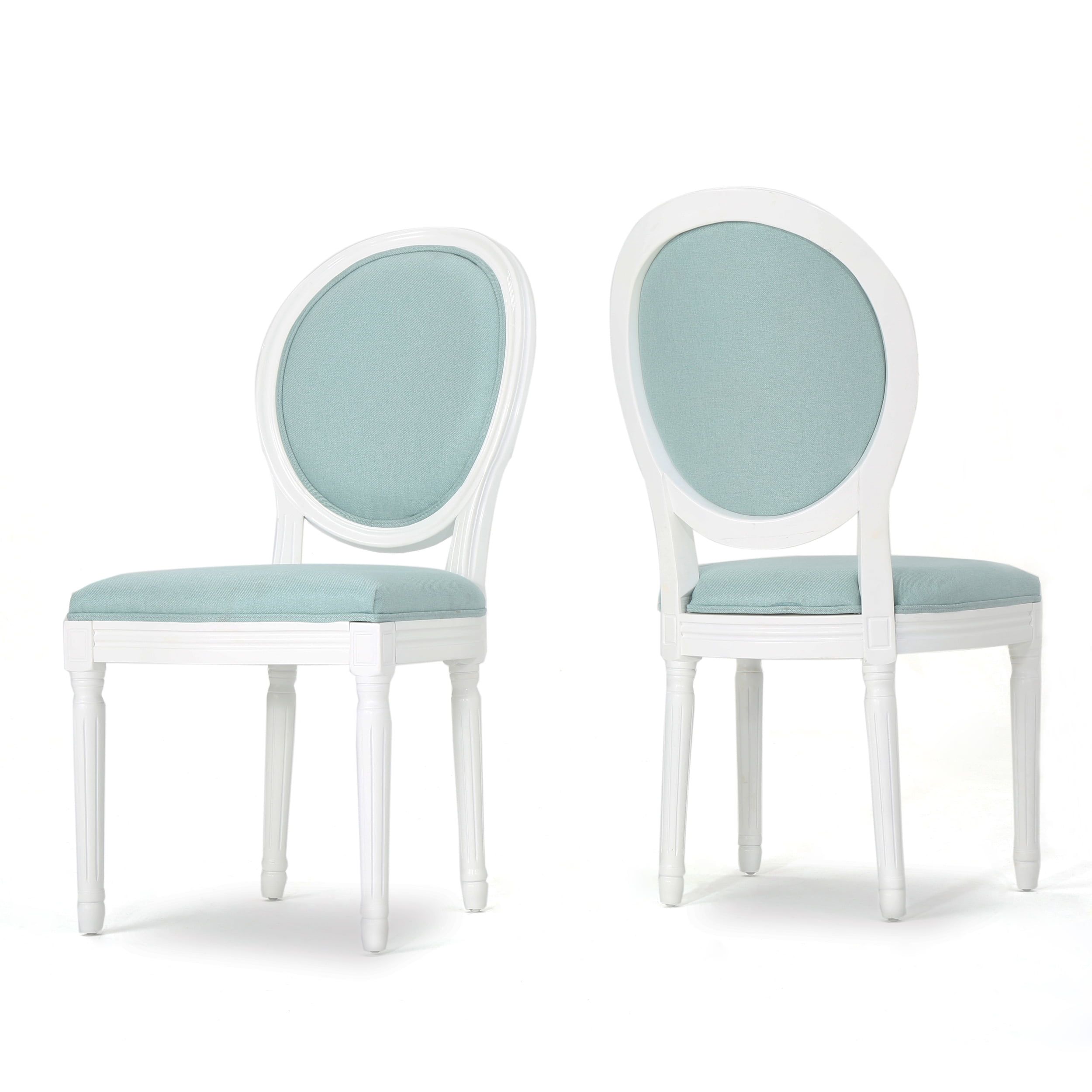 Elegant French Country Light Blue Upholstered Wood Dining Chairs