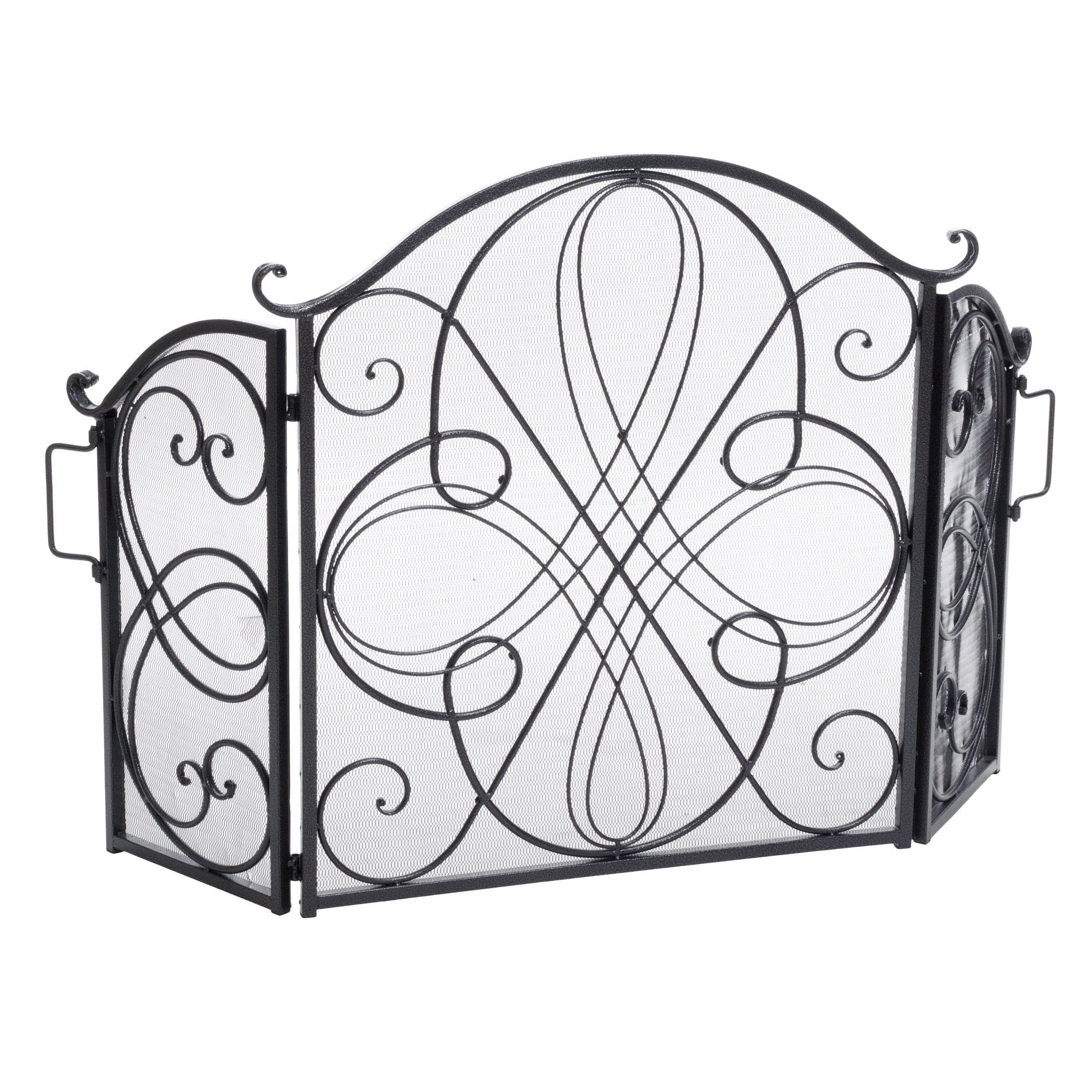 Ornate Black and Silver Iron Three-Panel Fireplace Screen