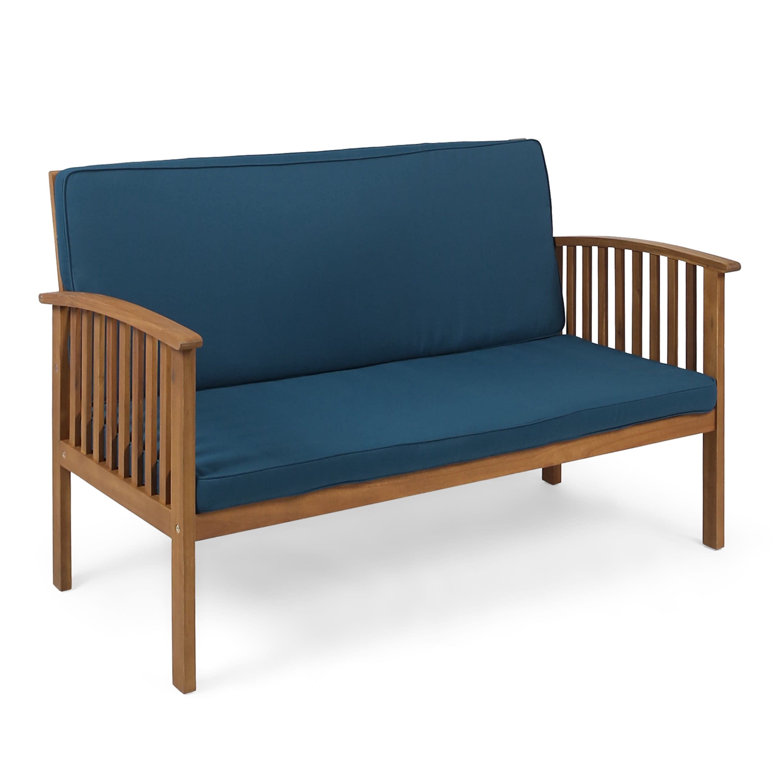 Oliver Outdoor Acacia Wood Loveseat with Dark Teal Cushions