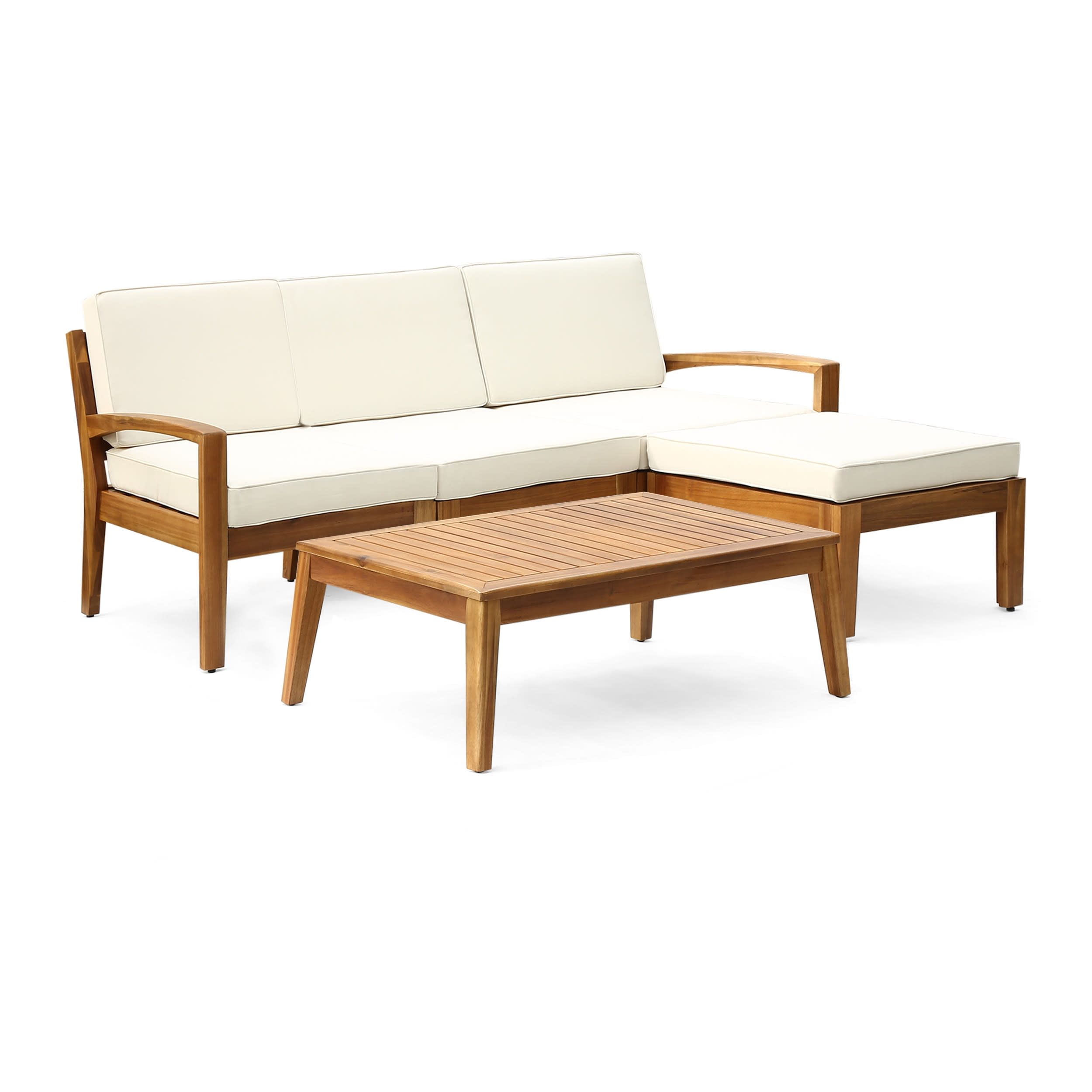 Teak and Beige Acacia Wood 3-Seater Outdoor Sectional Sofa Set with Ottoman