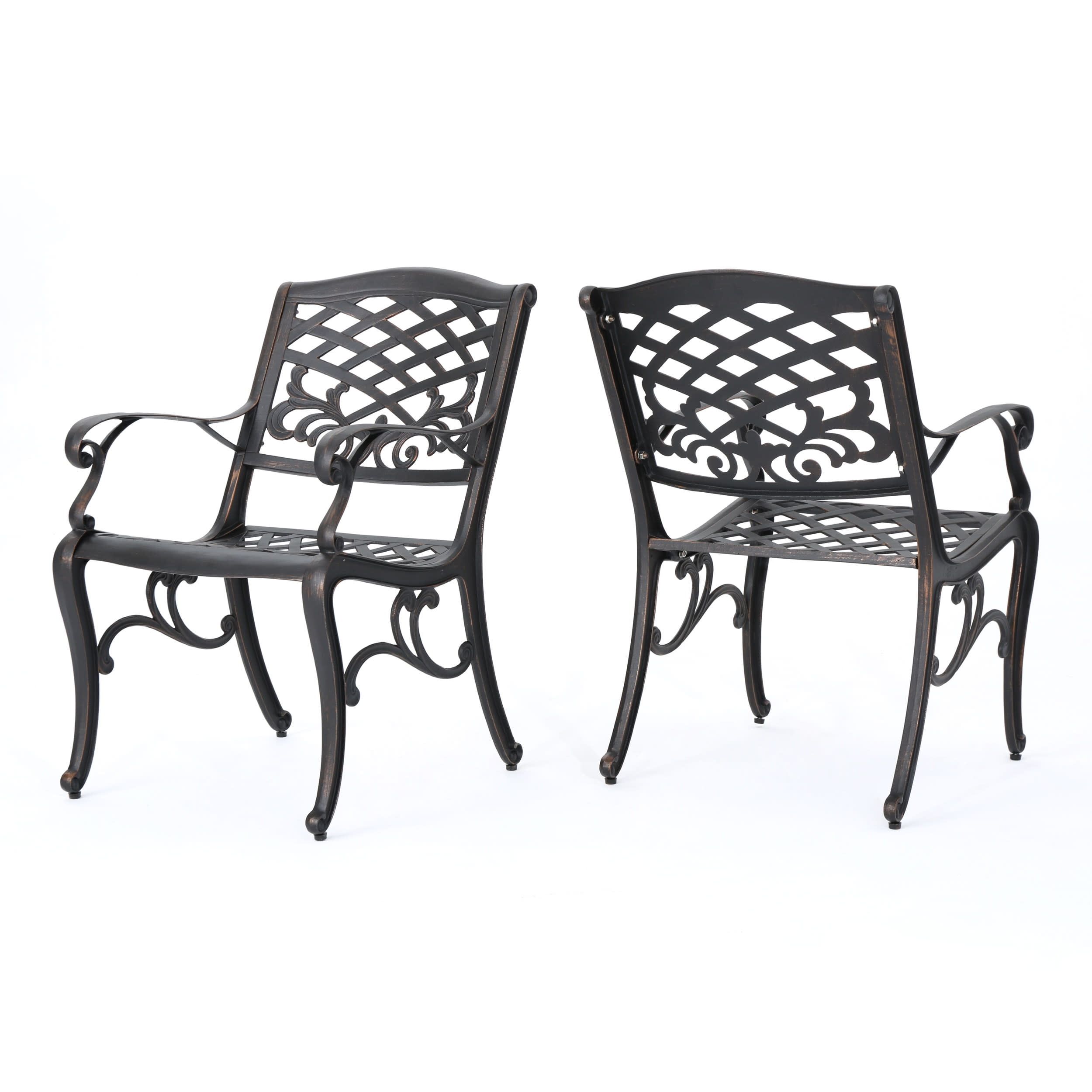 Antique Bronze Outdoor Cast Aluminum Dining Chairs, Set of 2