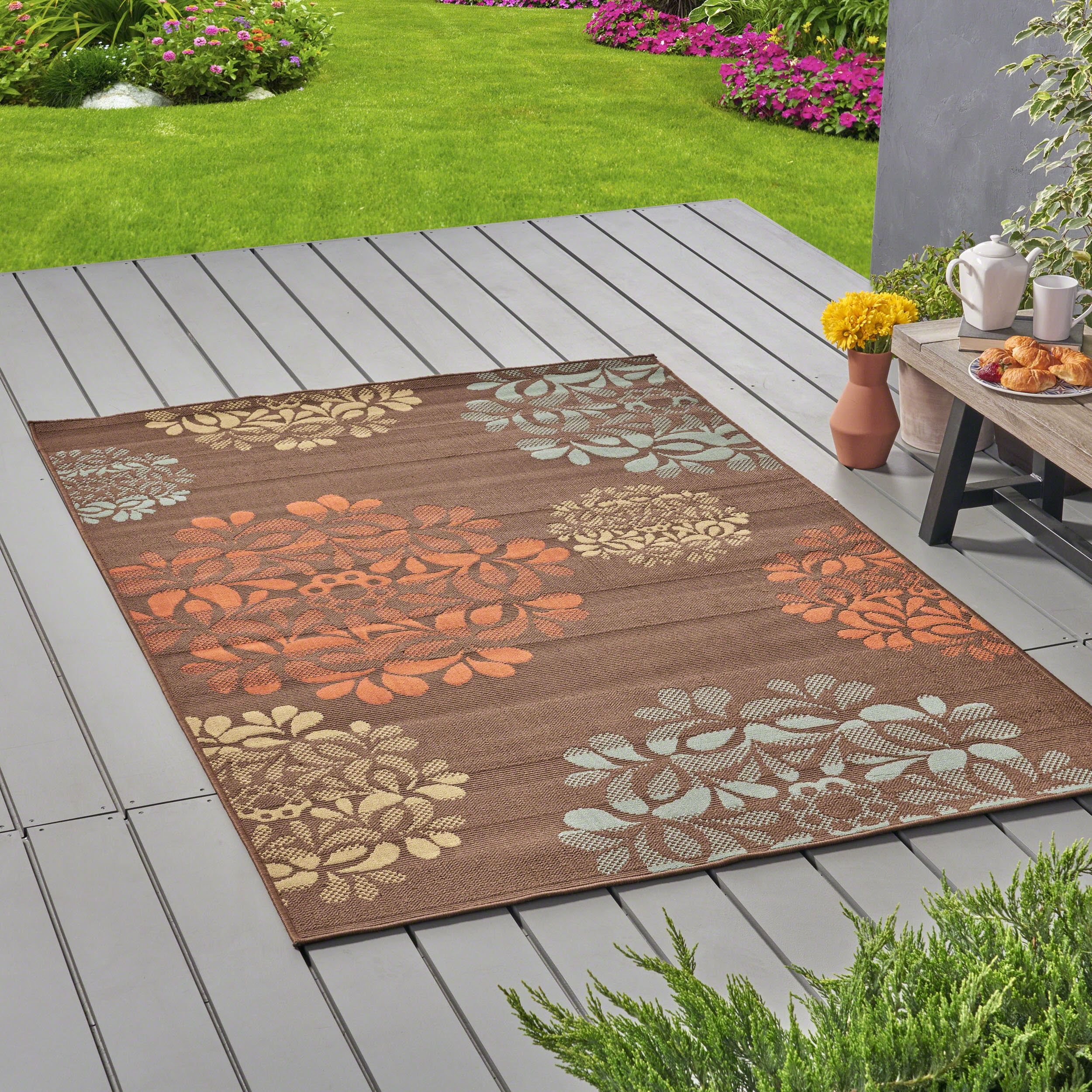 Brown and Blue Floral 5' x 8' Stain-Resistant Outdoor Rug