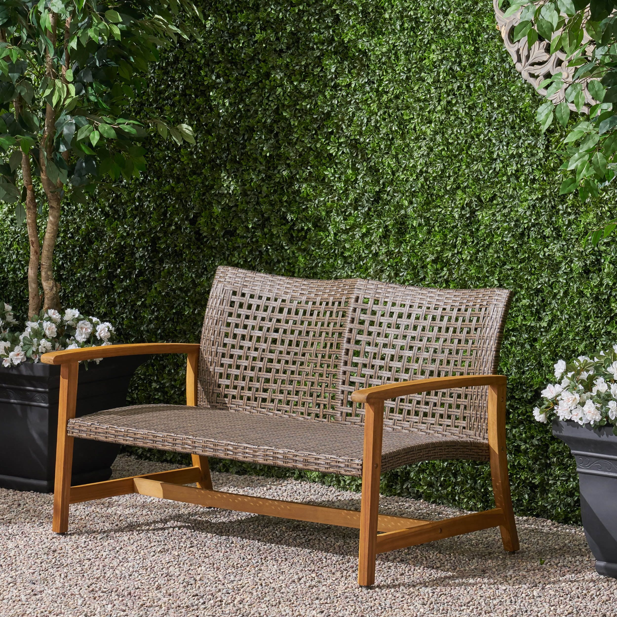 Natural Acacia Wood and Mocha Wicker Outdoor Loveseat