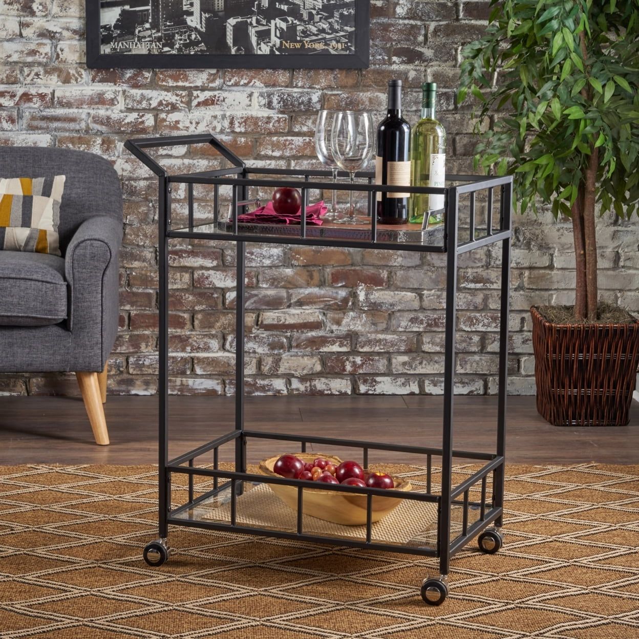 Versatile Modern Black Iron 2-Tier Bar Cart with Tempered Glass