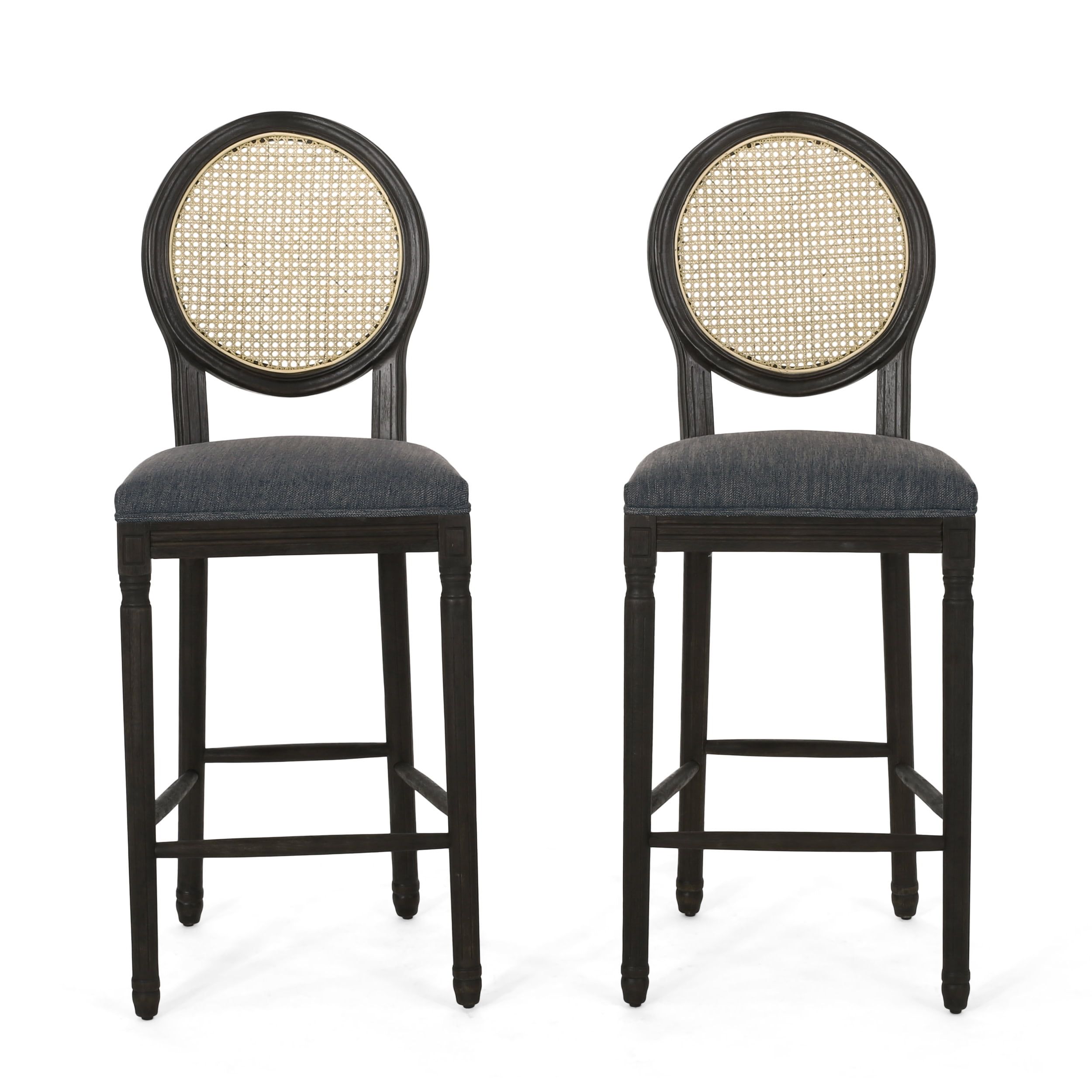 Charleston Elegance Carved Wood and Wicker Barstools, Set of 2, Charcoal and Dark Brown