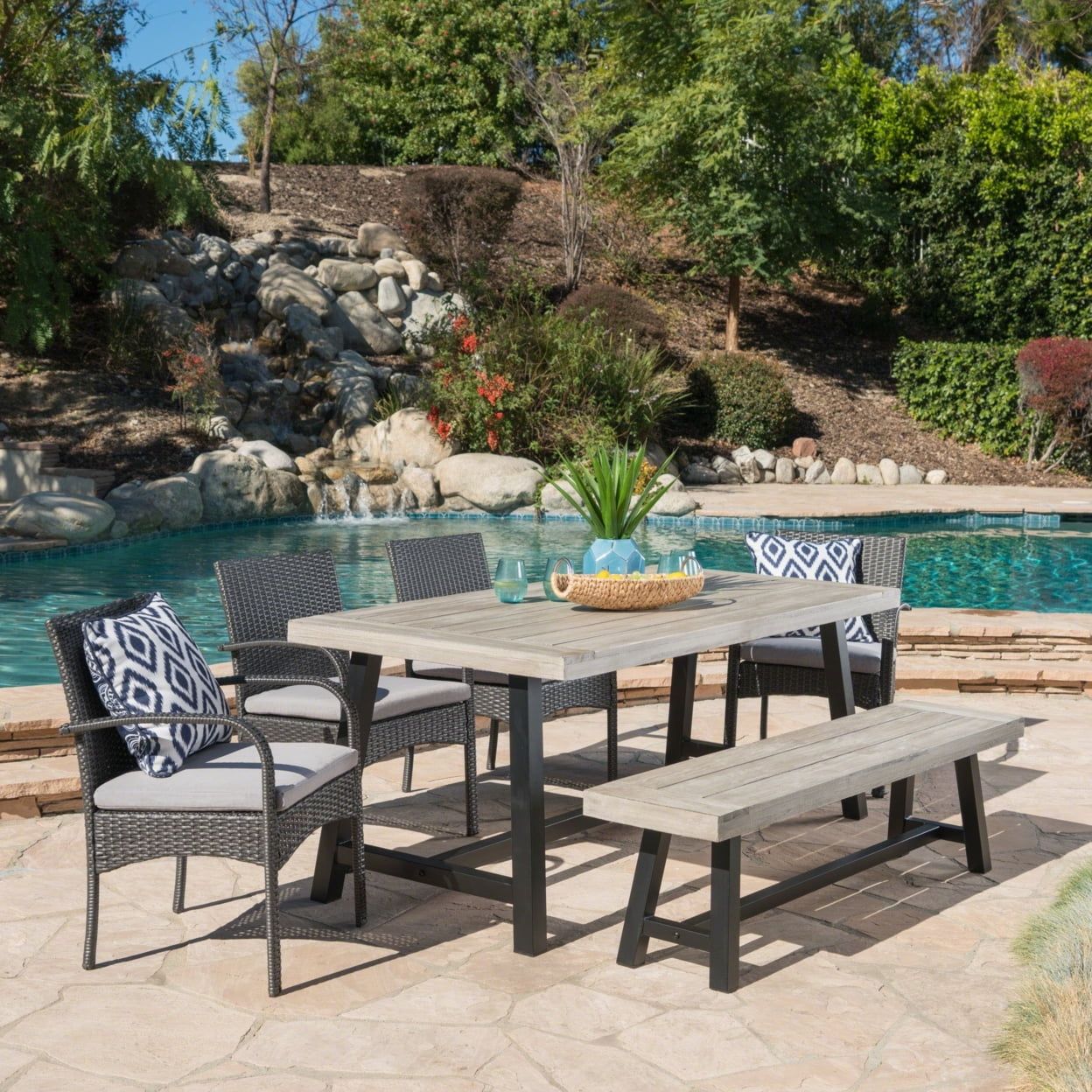 Sandblasted Light Gray Acacia Wood and Wicker 6-Piece Outdoor Dining Set