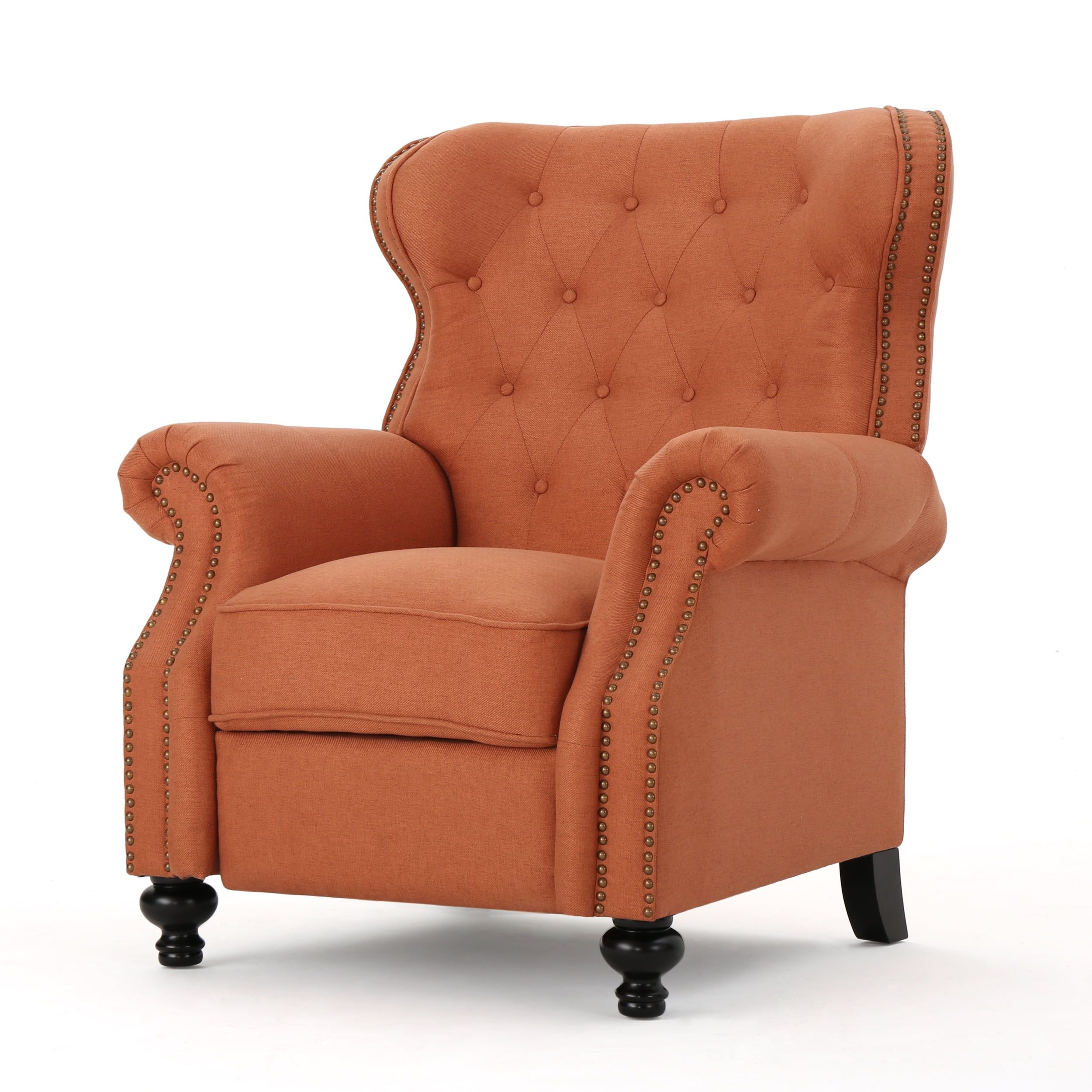 Handcrafted Orange Tufted Fabric Recliner with Wood Legs