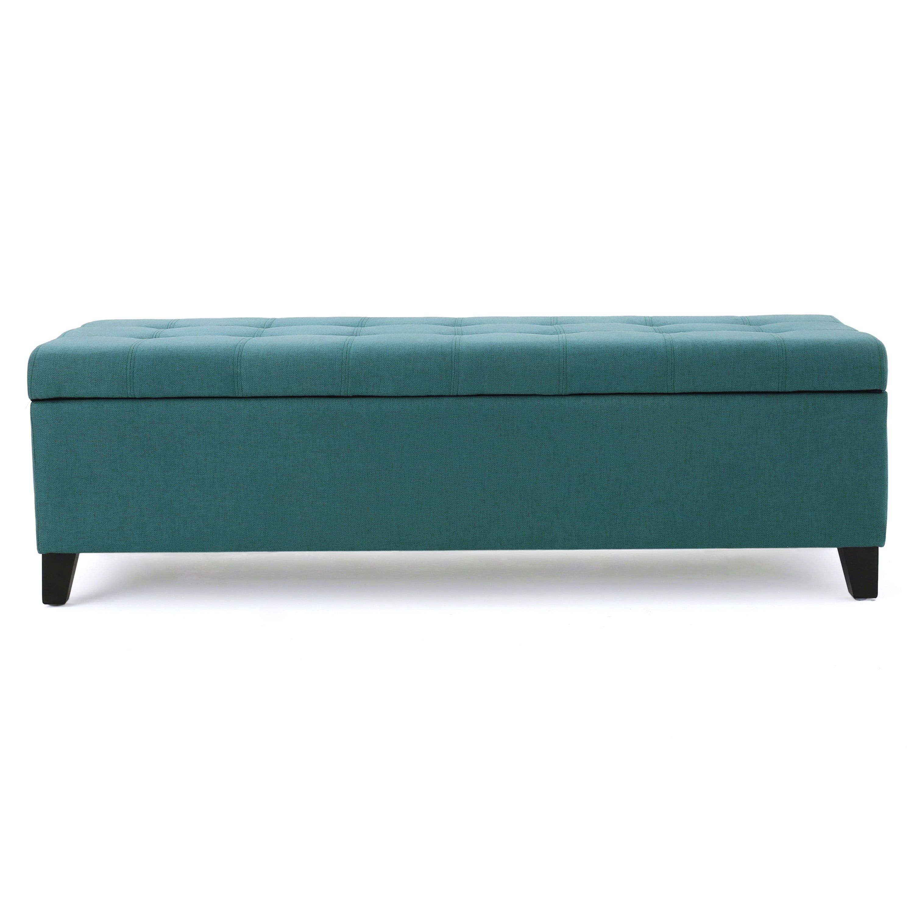 Teal Tufted Fabric Storage Ottoman Bench