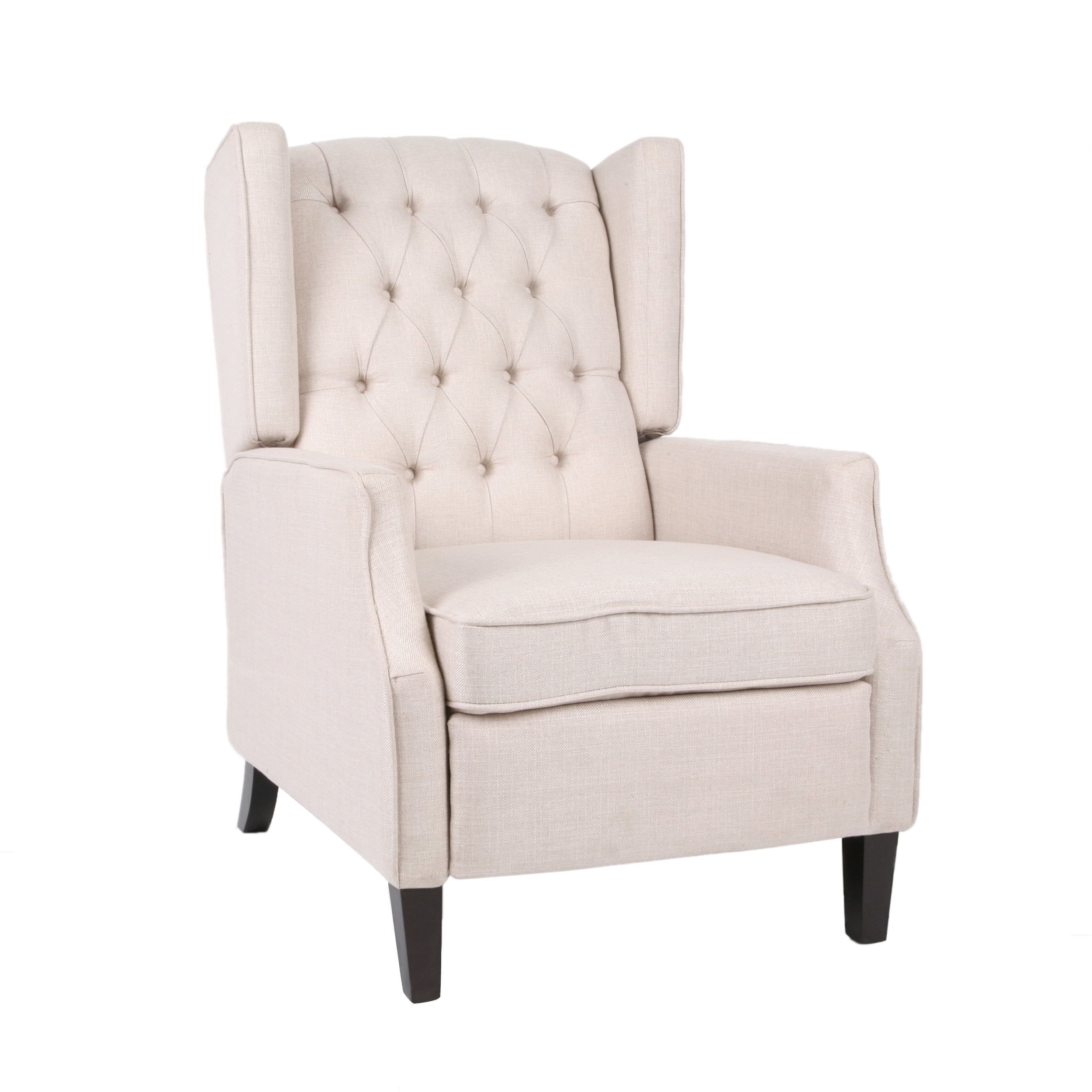 Light Beige Tweed Wingback Recliner with Dark Wood Legs