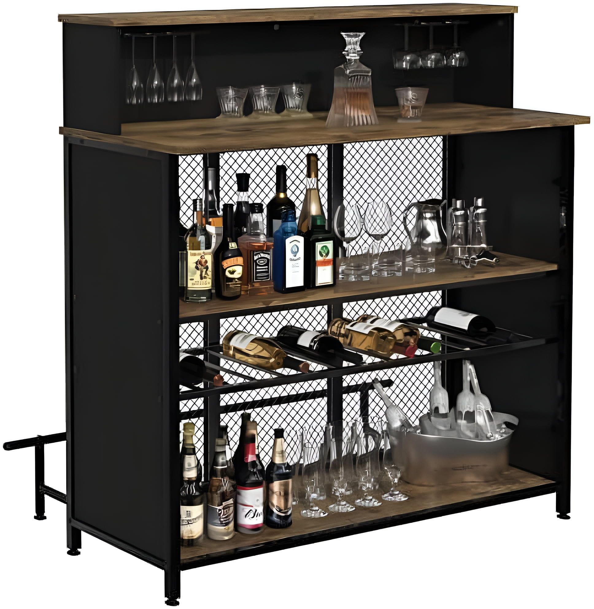 Brown Industrial Home Bar Unit with Storage and Footrest