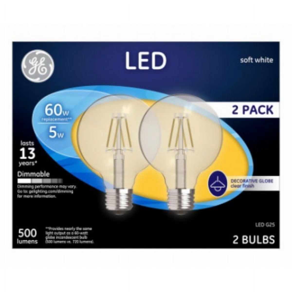 GE Clear G25 Globe Dimmable LED Bulb, Soft White, 5W, 2-Pack