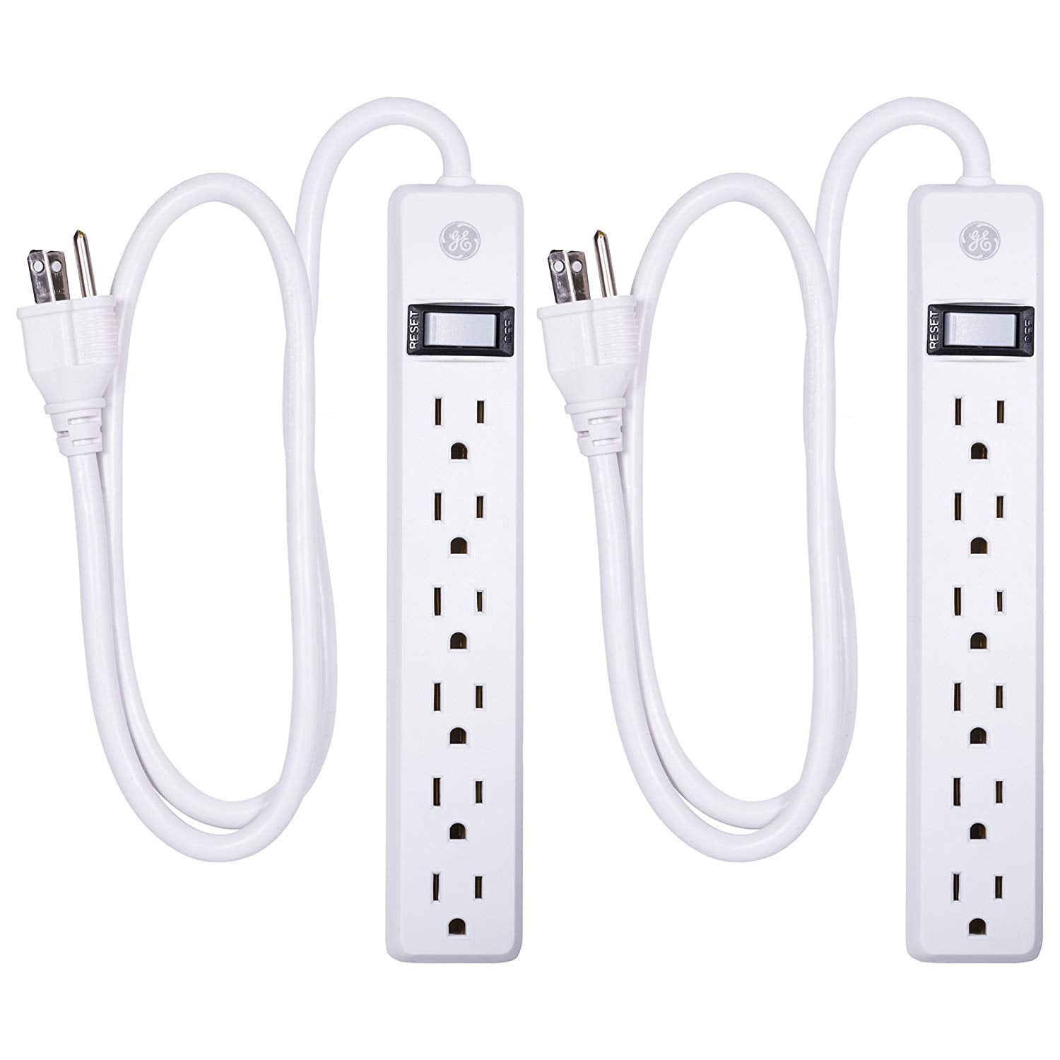 White 6-Outlet Surge Protector Power Strip with 3ft Cord, 2-Pack