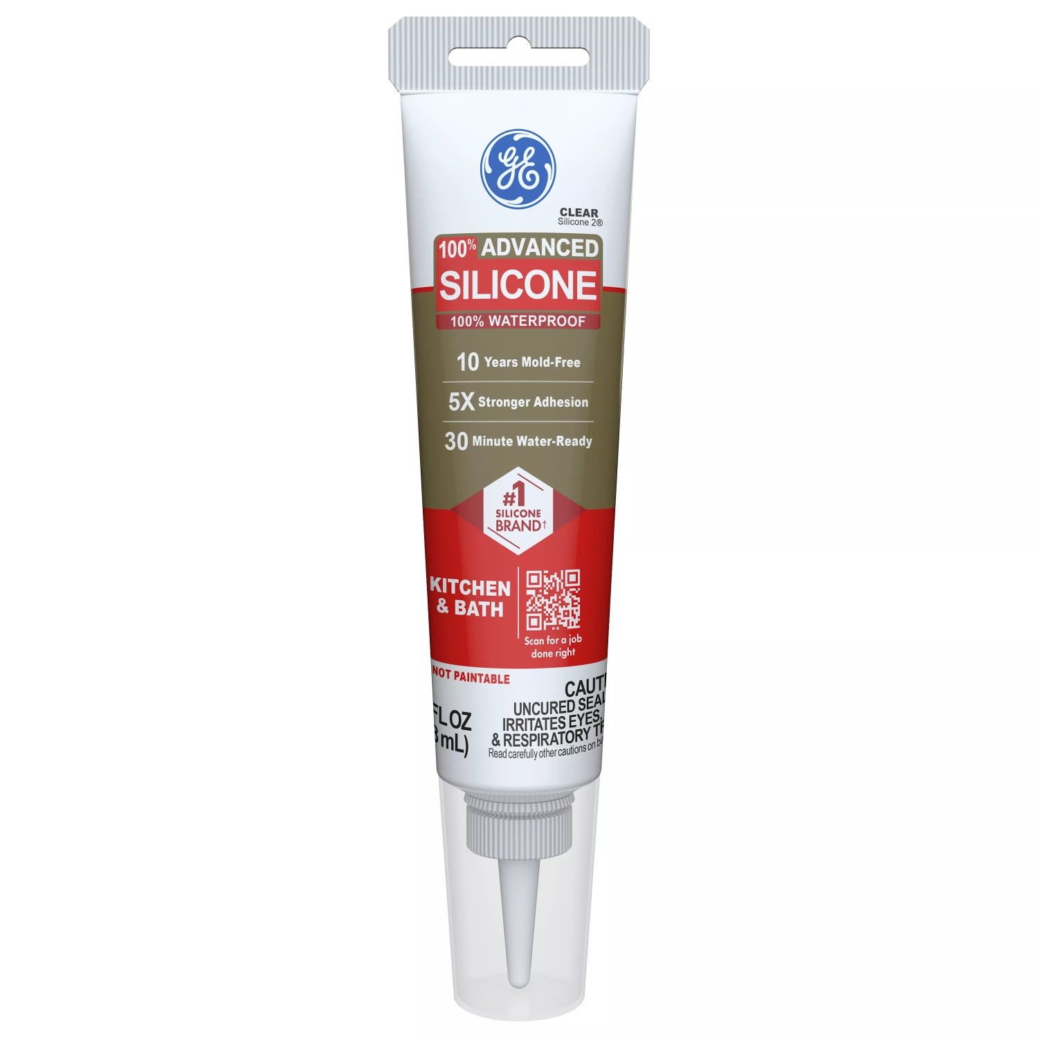 GE Clear Advanced Silicone Kitchen & Bath Sealant, 2.8 oz Tube