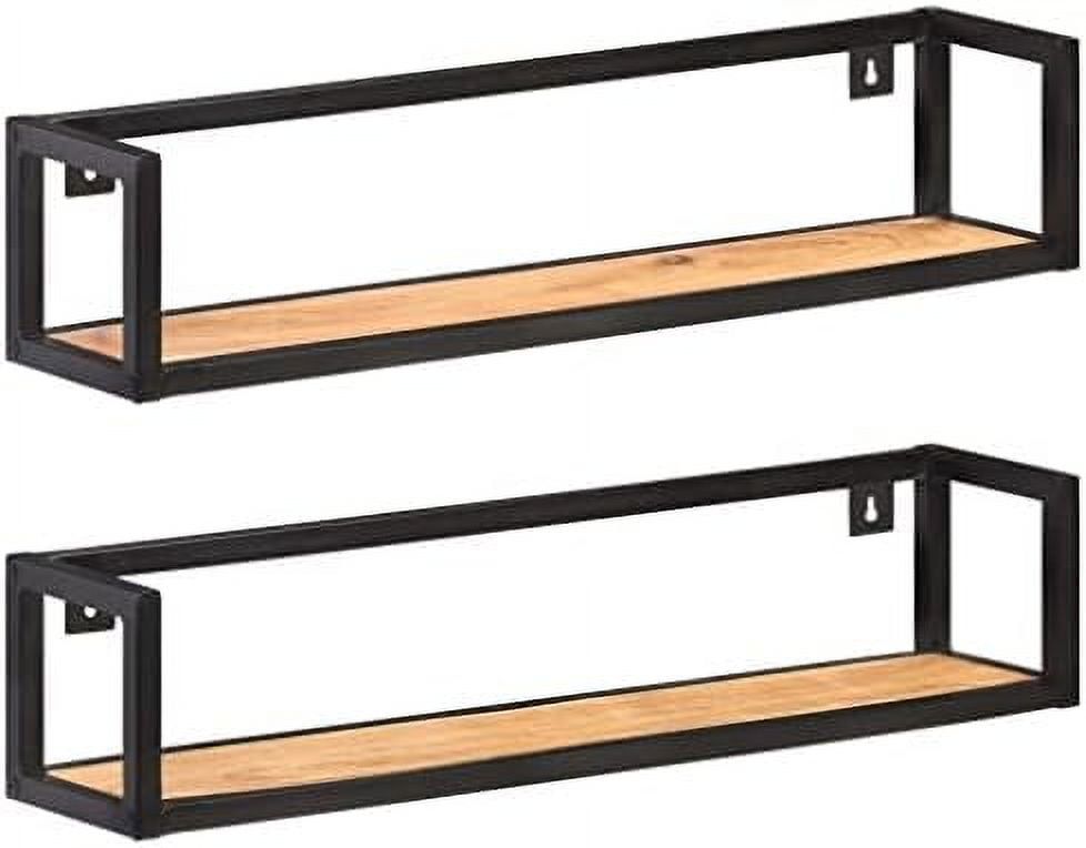 Industrial Black Iron and Acacia Wood Wall Shelves Set