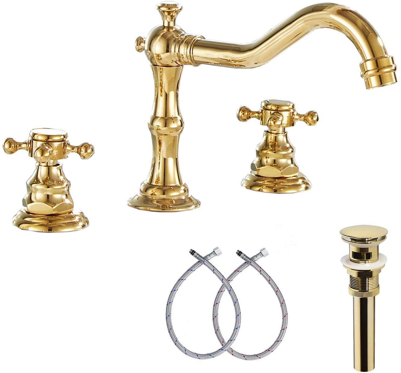 Polished Gold Brass Widespread Bathroom Faucet with Pop-Up Drain