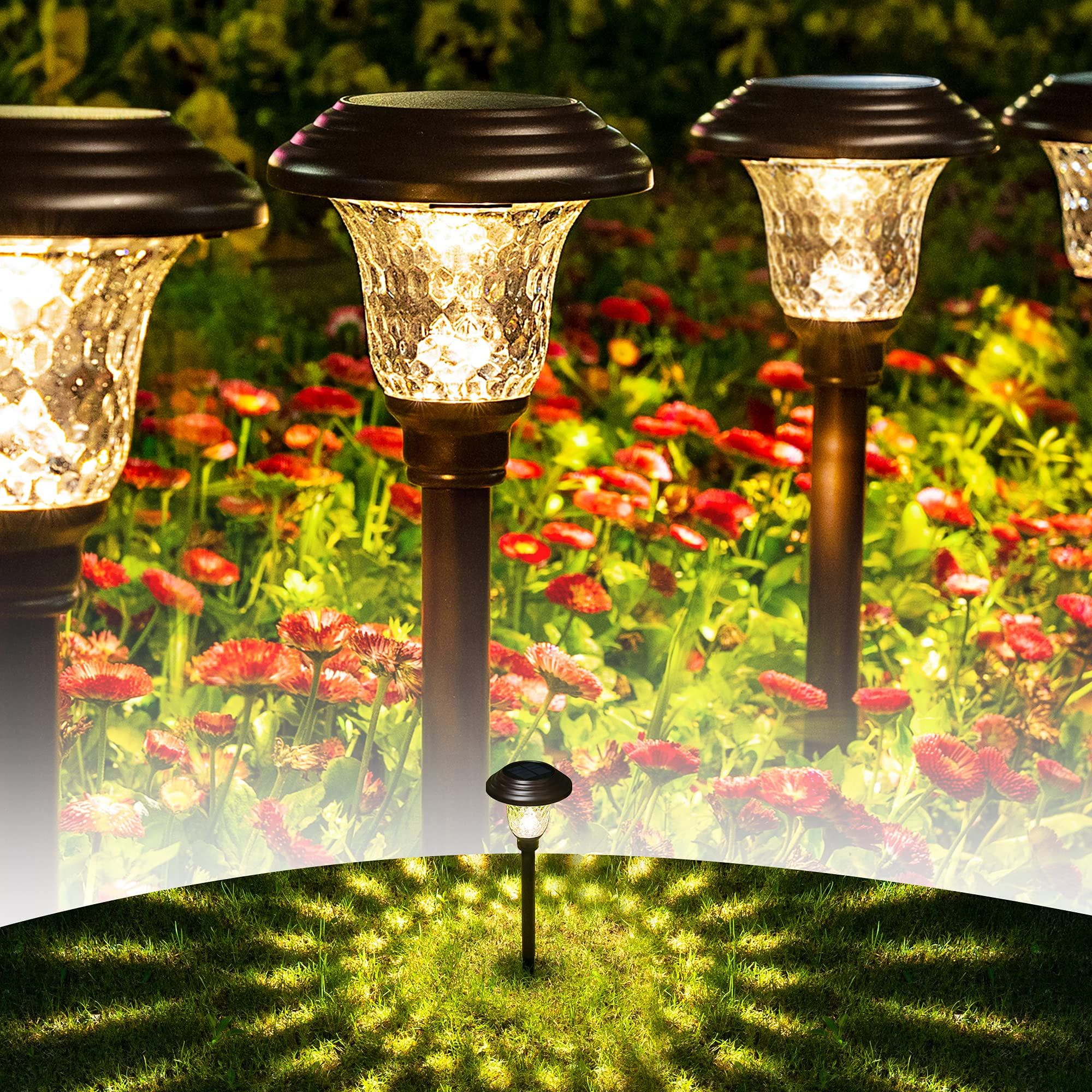 Warm White Solar LED Pathway Lights with Glass Shade, 8-Pack