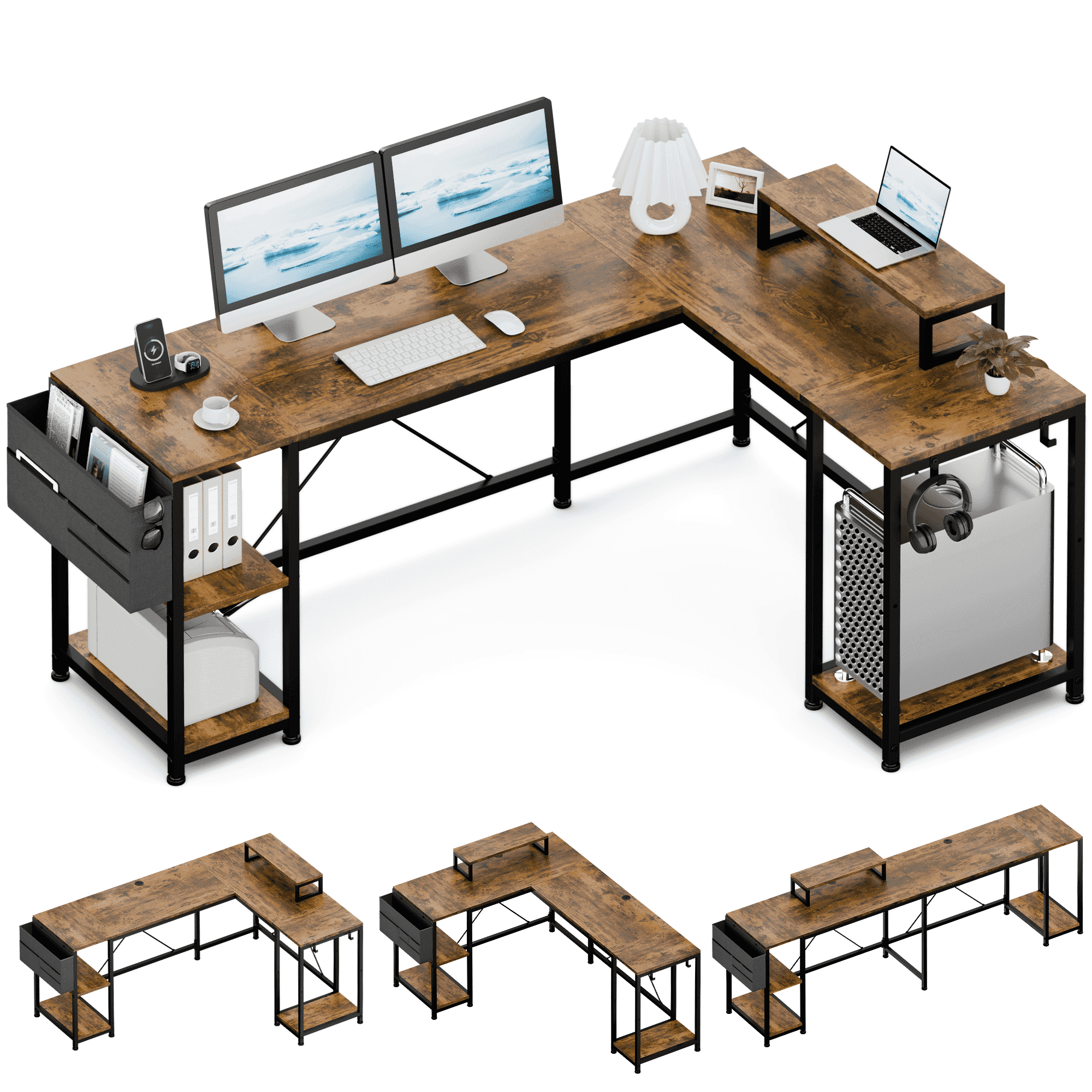 95" Brown Wood L-Shaped Computer Desk with Drawers and Power Outlet