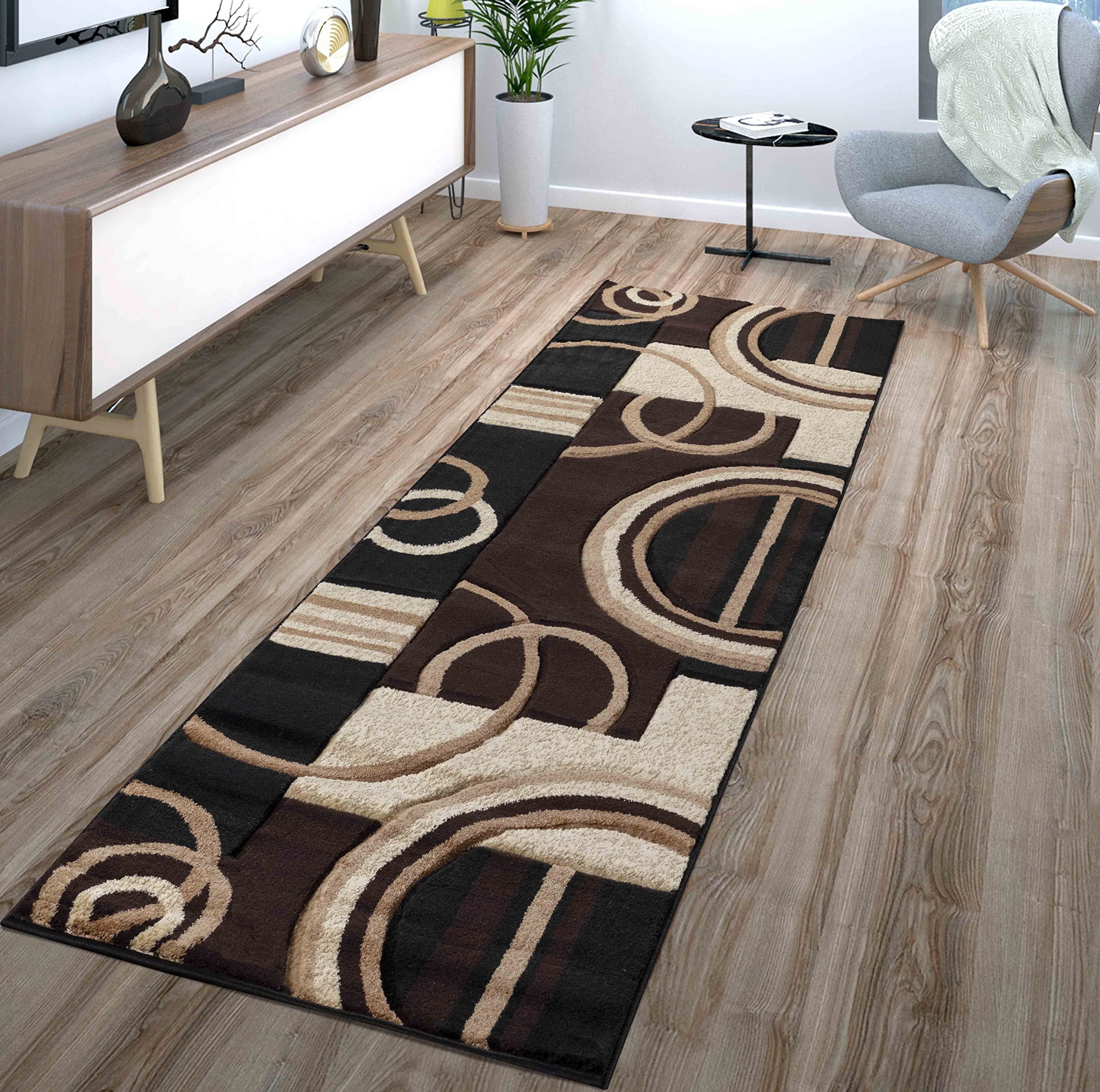 Brown Geometric Rectangular Synthetic Rug with Valance