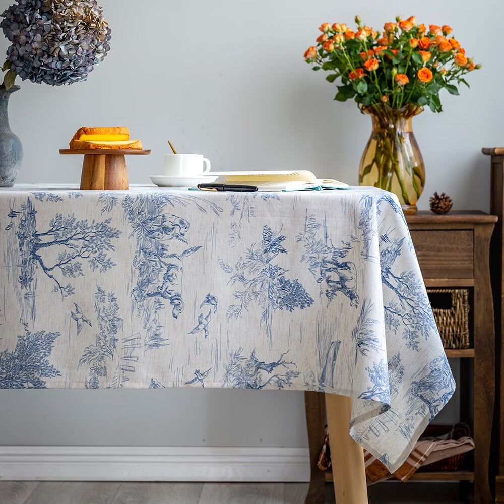 Blue Linen-Blend French Village Print Rectangular Tablecloth