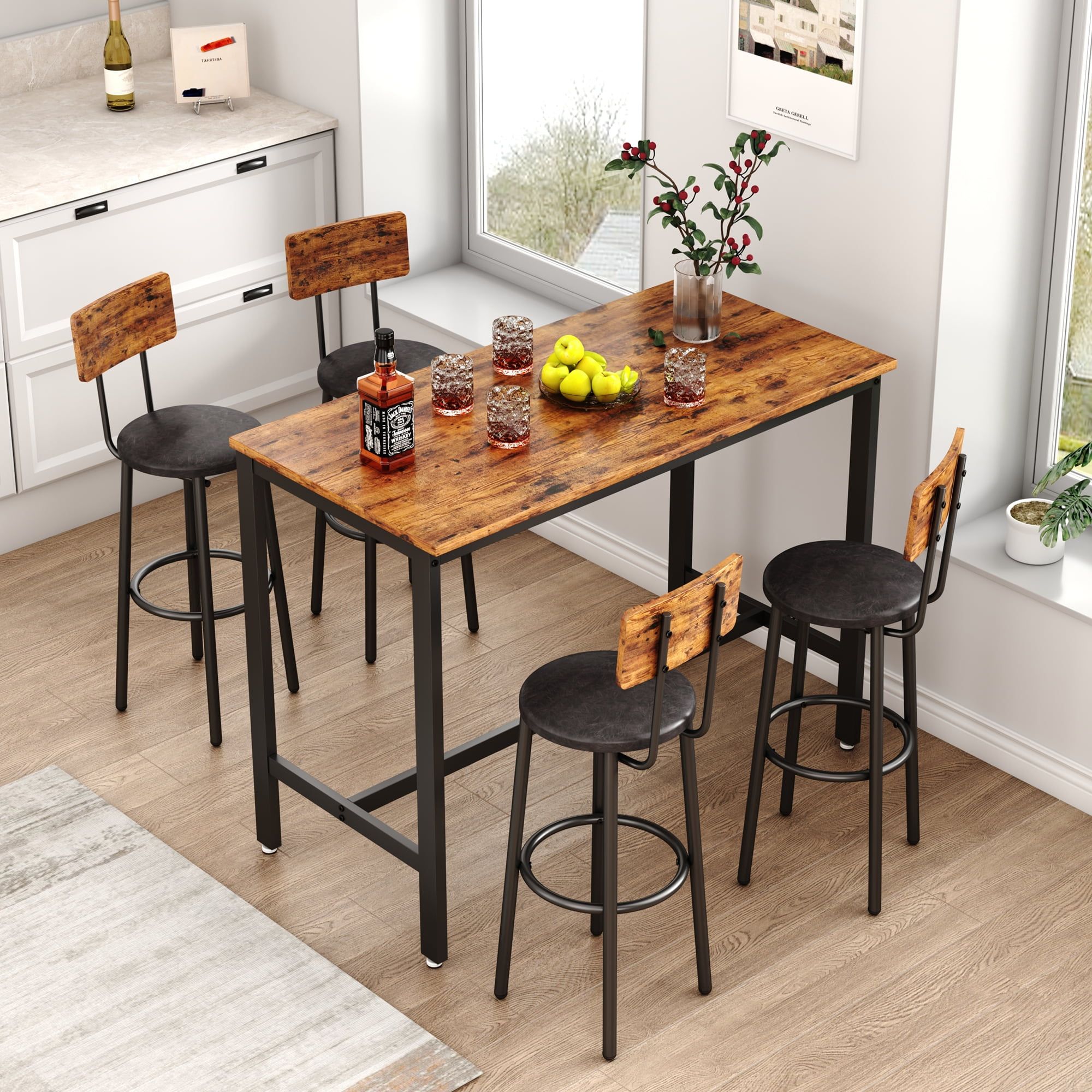 Rustic Brown Metal and Wood Pub Table Set with 4 Chairs