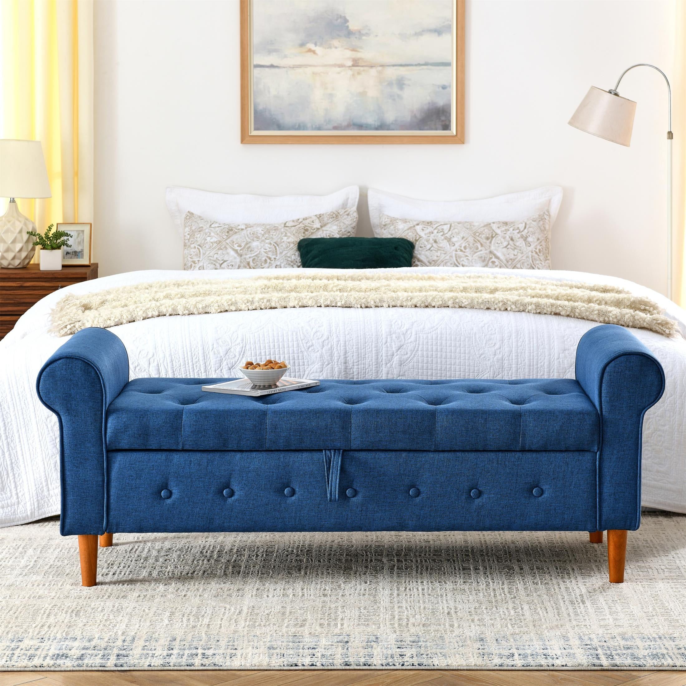 Blue Linen Tufted Storage Bench with Rolled Arms