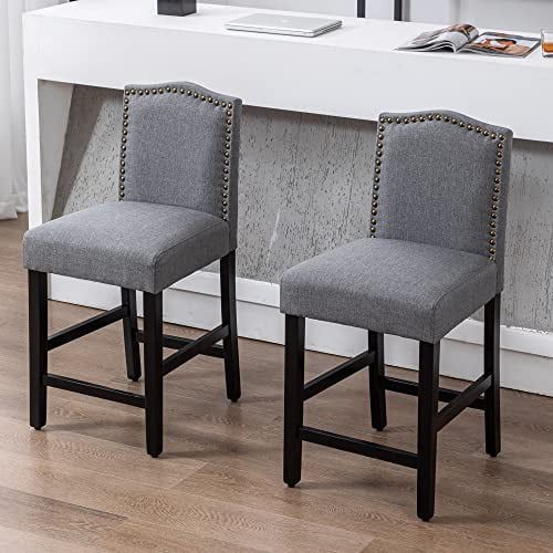 Classic Gray Upholstered Bar Stools with Antique Gold Nail Heads