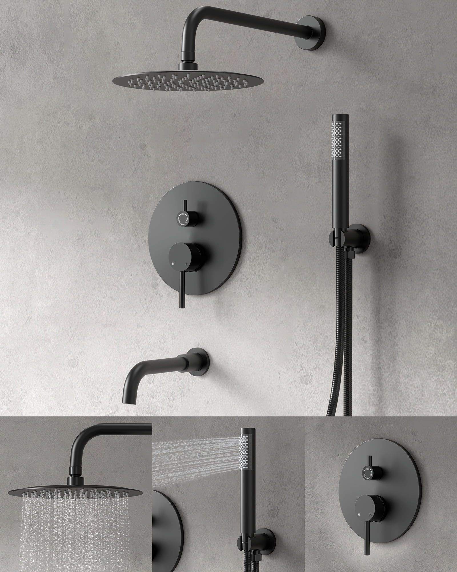 Matte Black Adjustable Rainfall Shower Head Set with Handheld Spray