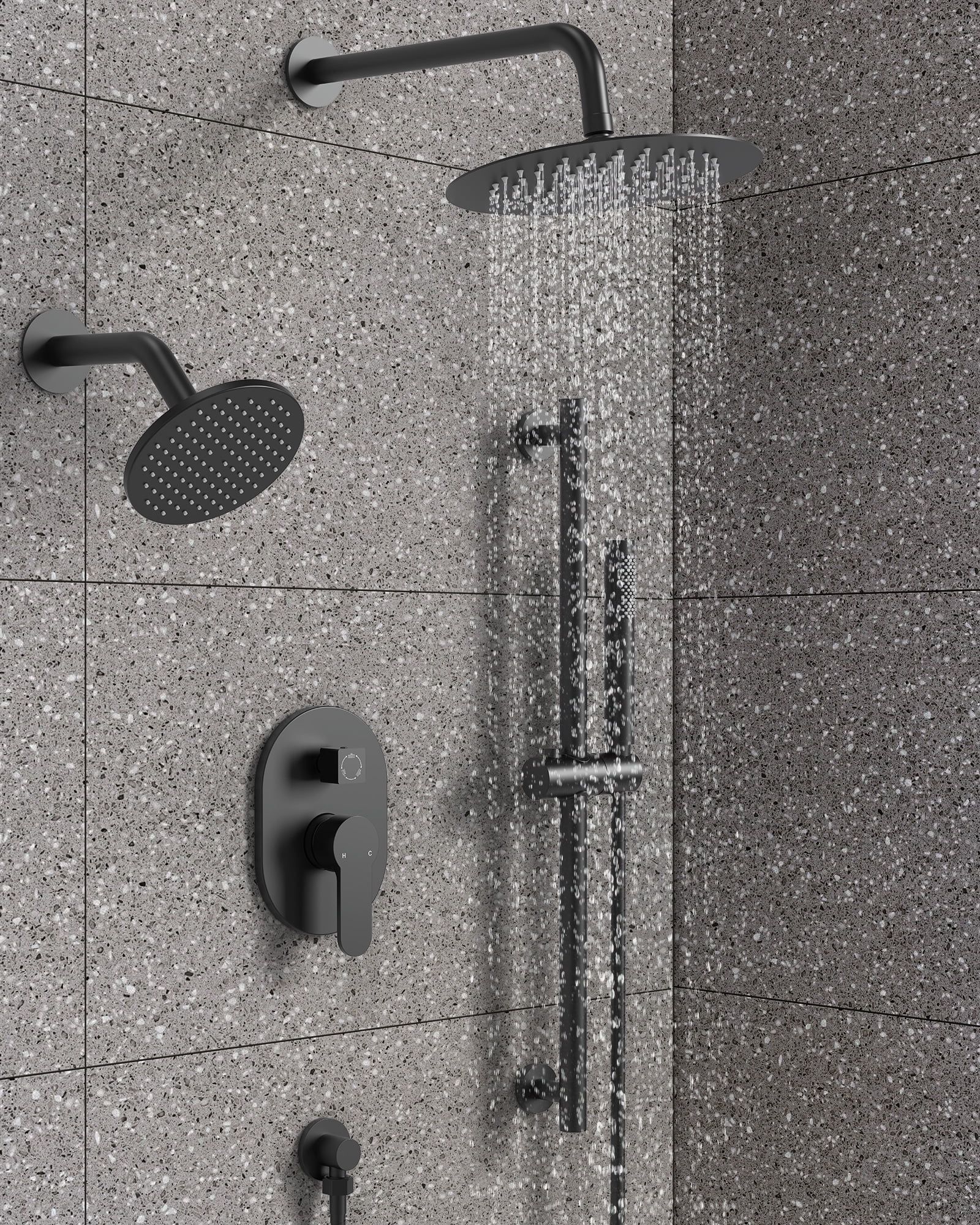Matte Black Dual Head Wall Mount Rain Shower System