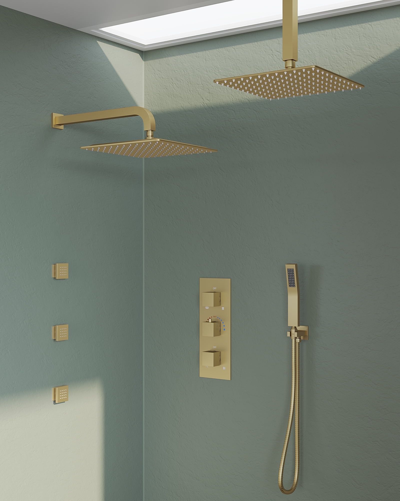 Grandjoy Brushed Gold Dual Shower Head System with Handheld Spray and Jets